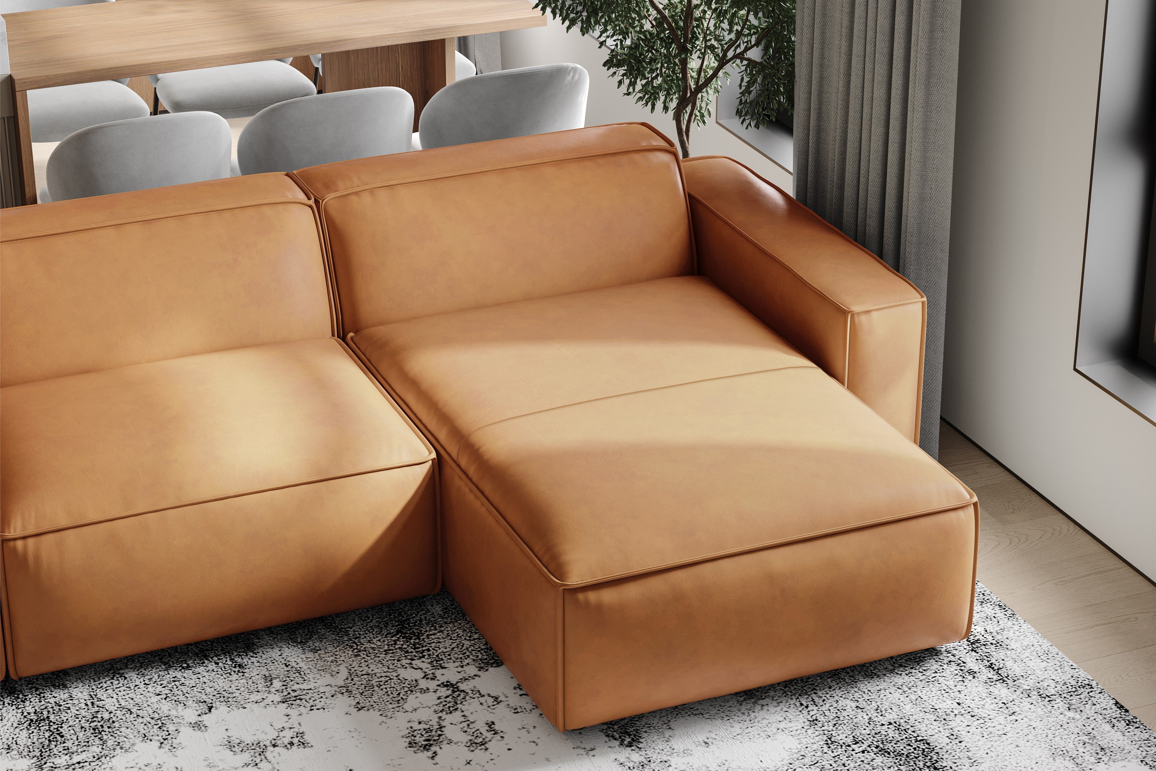 Valencia Nathan Full Aniline Leather Modular Sofa with Down Feather, Right Chaise, Caramel Brown Color