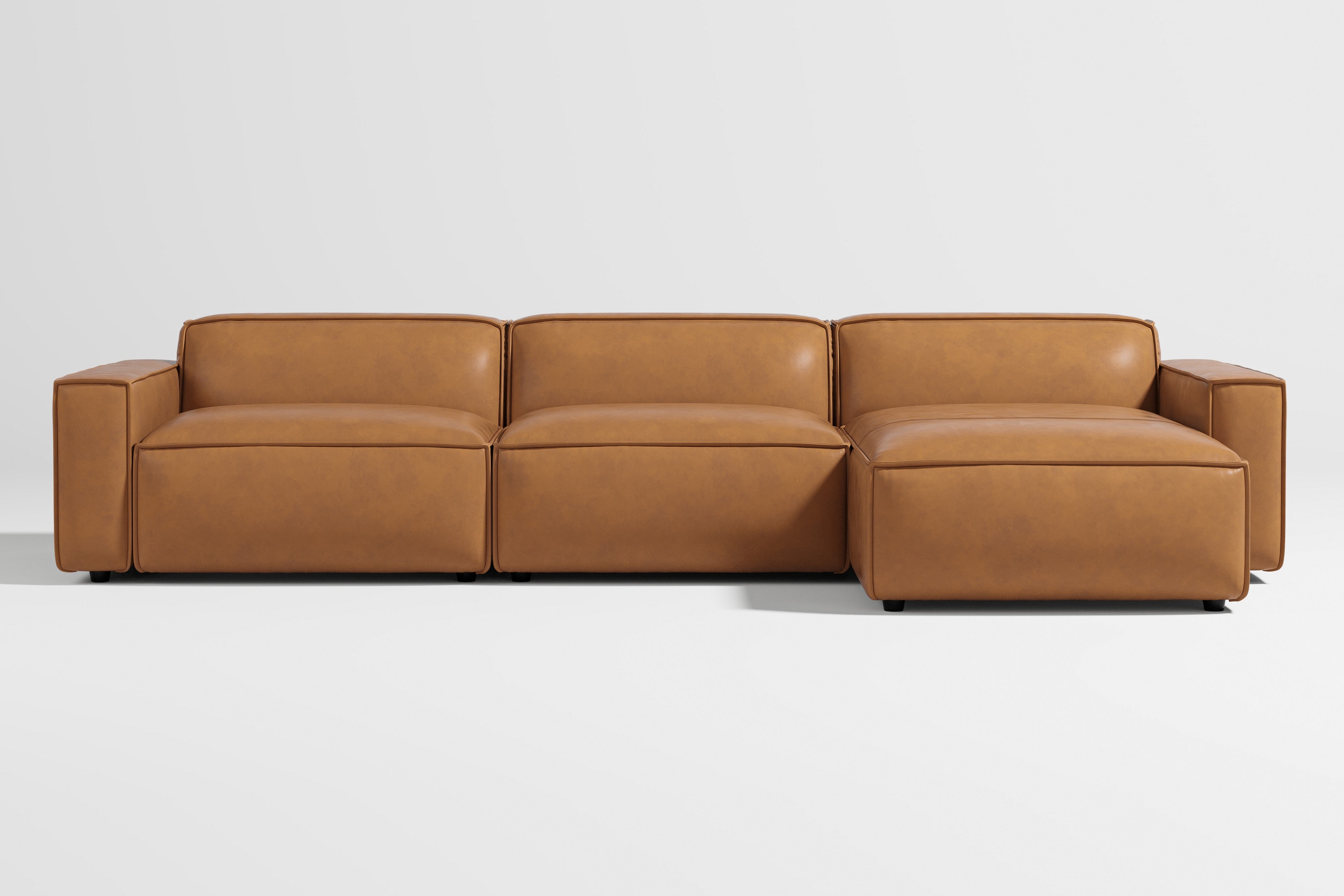 Valencia Nathan Full Aniline Leather Modular Sofa with Down Feather, Right Chaise, Caramel Brown Color