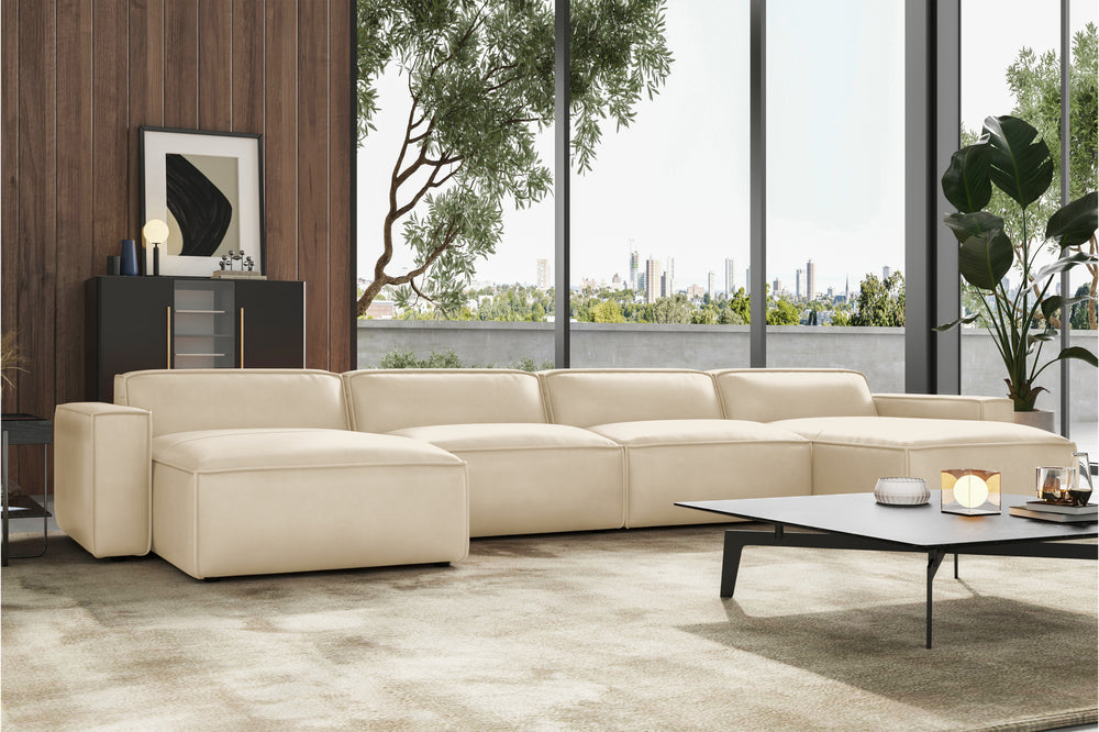 Valencia Nathan Full Aniline Leather Modular Sofa with Down Feather, Row of 4 Double Chaise, Antique White
