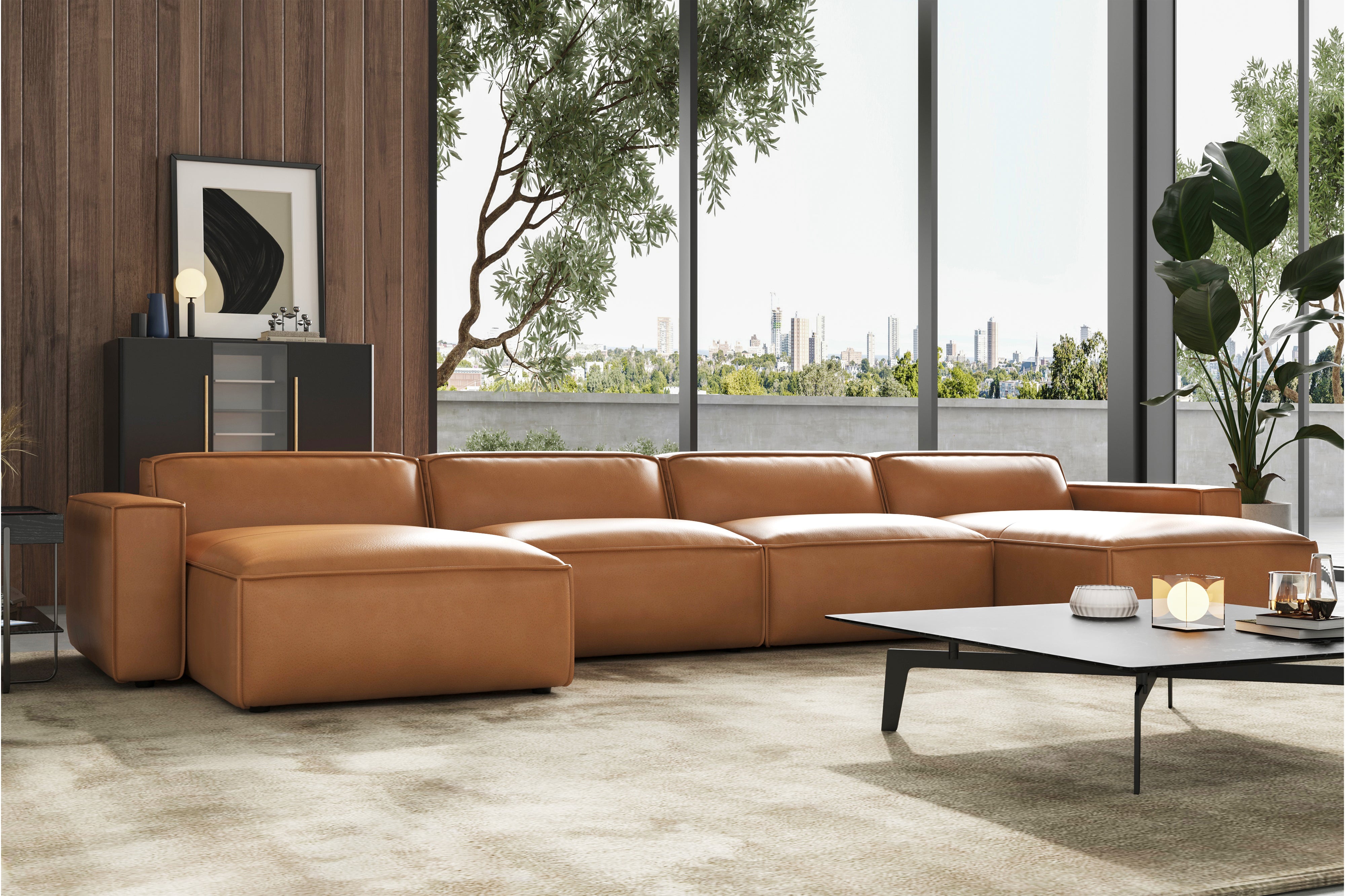 Valencia Nathan Full Aniline Leather Modular Sofa with Down Feather, Row of 4 with 2 Chaises, Caramel Brown Color