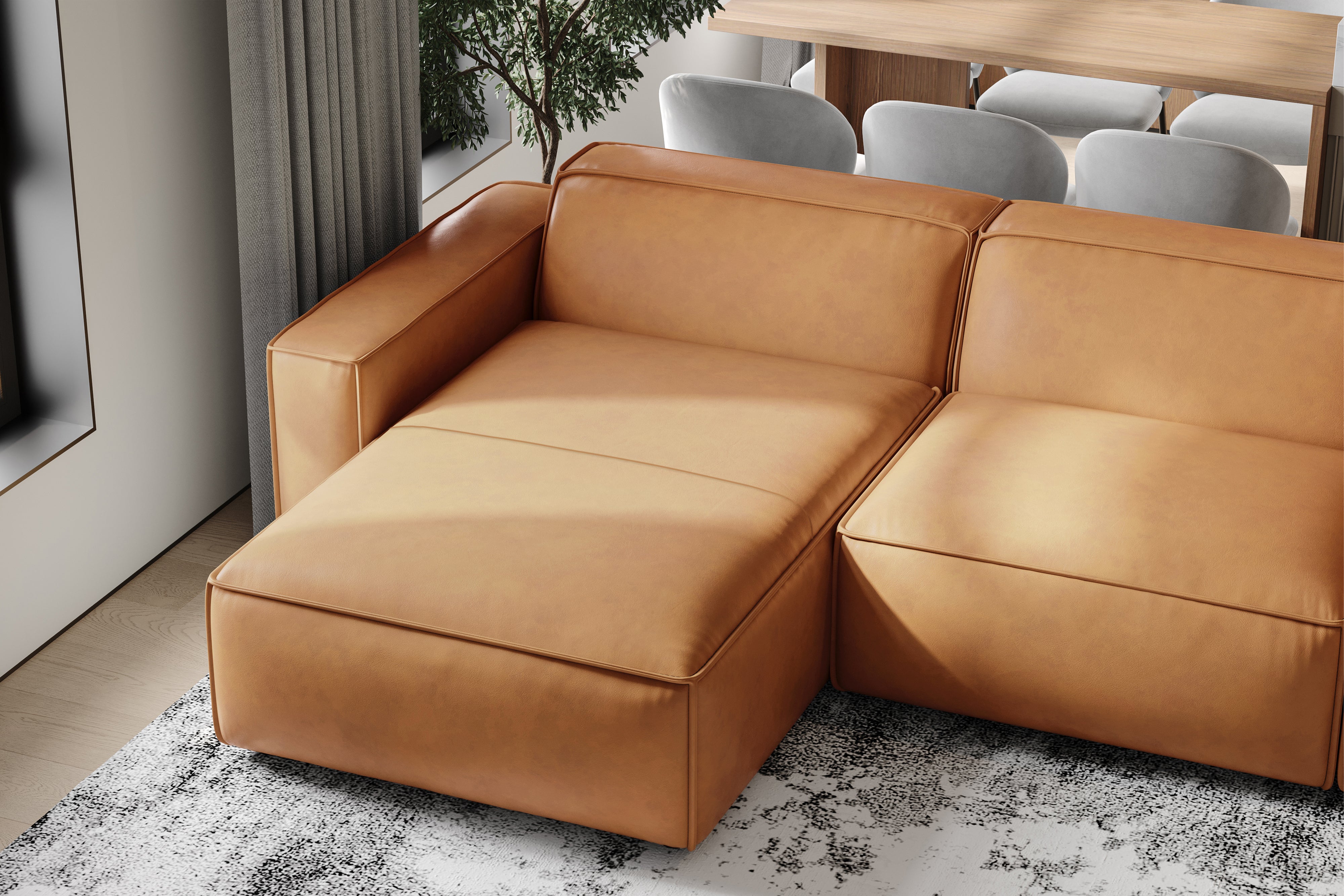 Valencia Nathan Full Aniline Leather Modular Sofa with Down Feather, Row of 4 with 2 Chaises, Caramel Brown Color