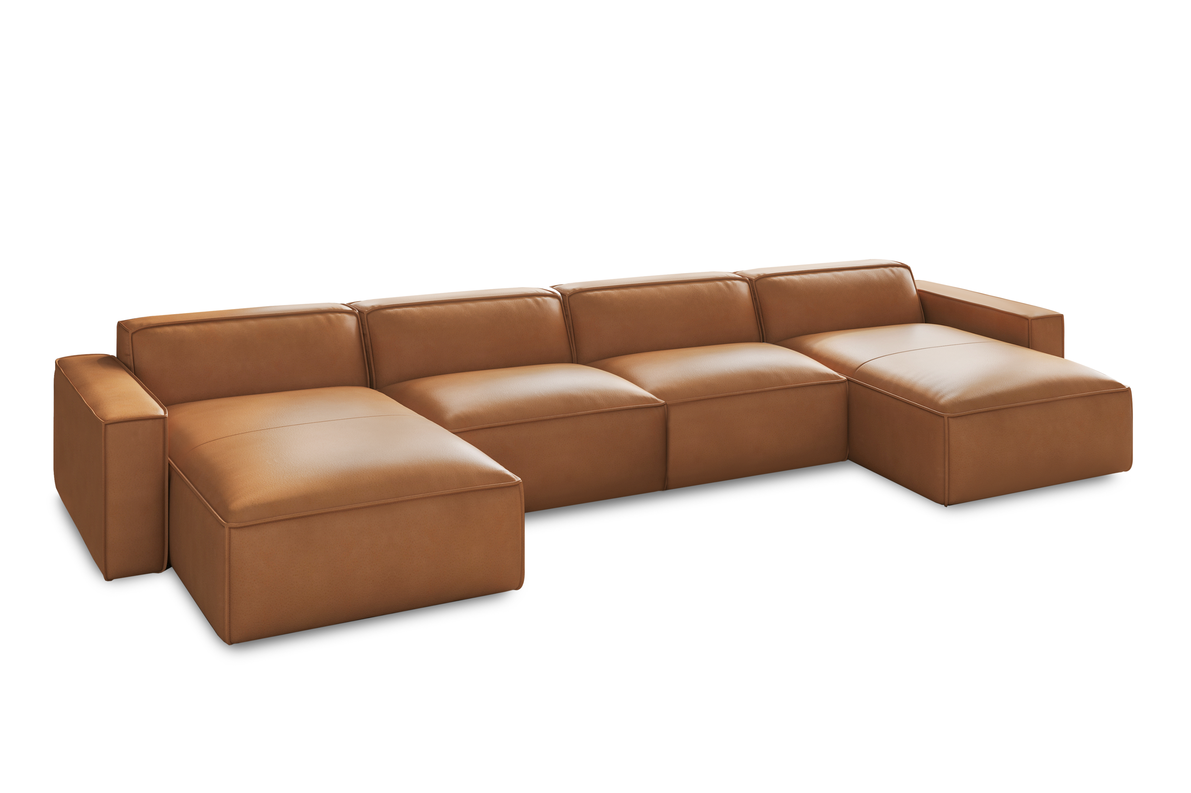 Valencia Nathan Full Aniline Leather Modular Sofa with Down Feather, Row of 4 with 2 Chaises, Caramel Brown Color