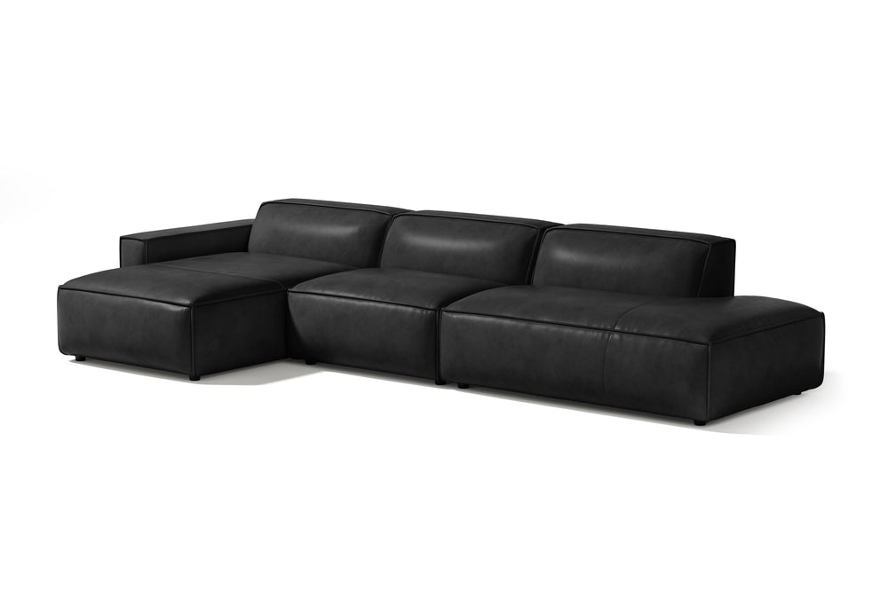 Valencia Nathan Full Aniline Leather Modular Sofa with Down Feather, Trio Left Chaise, Black