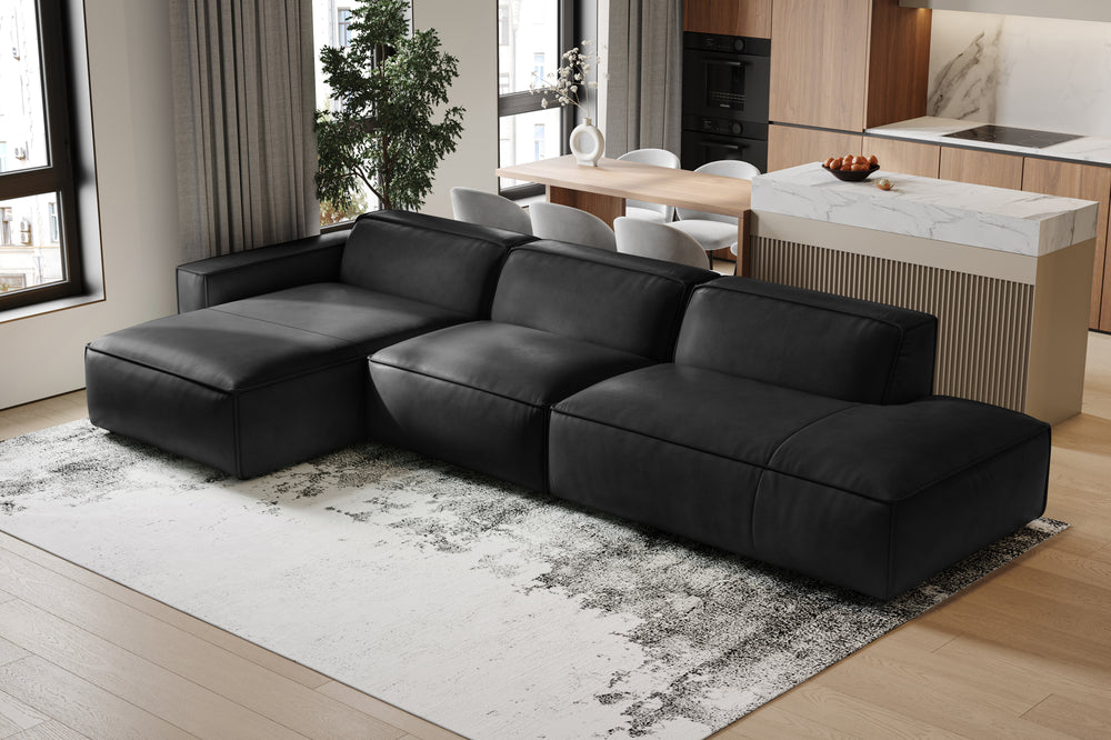 Valencia Nathan Full Aniline Leather Modular Sofa with Down Feather, Trio Left Chaise, Black