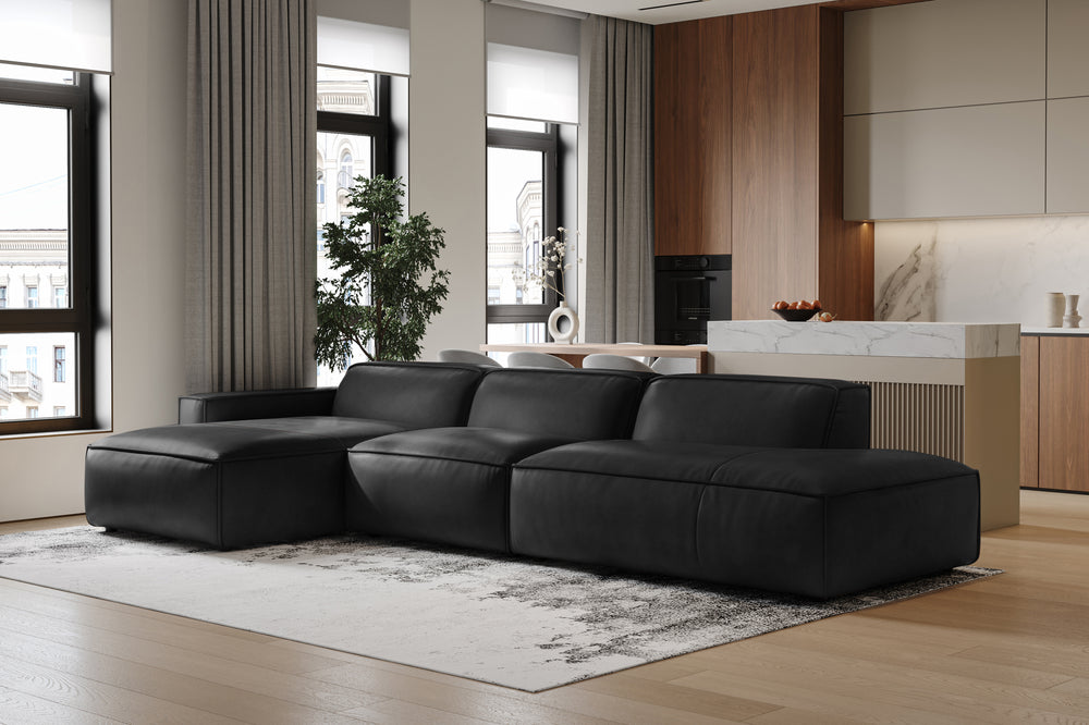 Valencia Nathan Full Aniline Leather Modular Sofa with Down Feather, Trio Left Chaise, Black