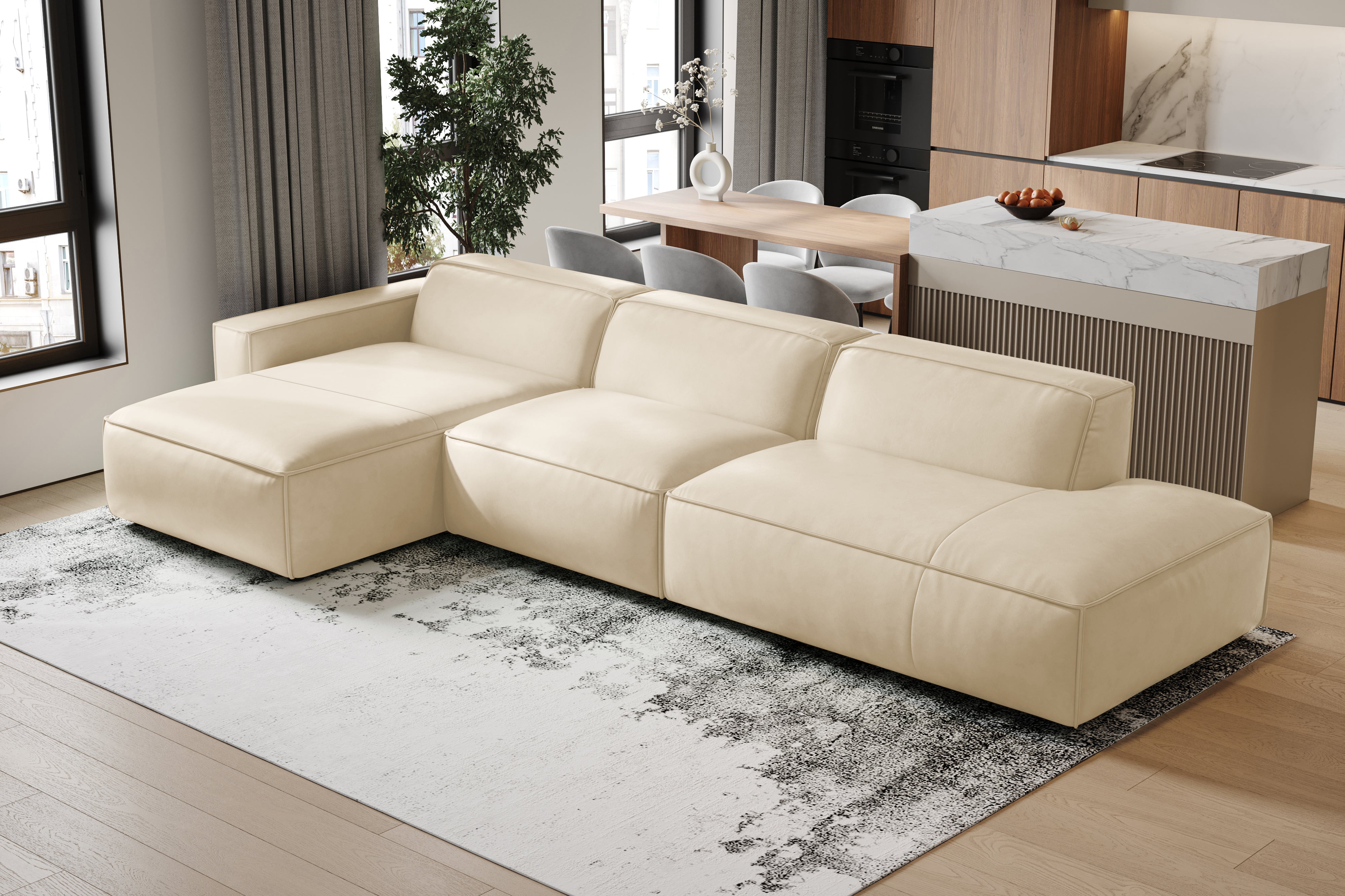 Valencia Nathan Full Aniline Leather Modular Sofa with Down Feather, Trio Left Chaise, White