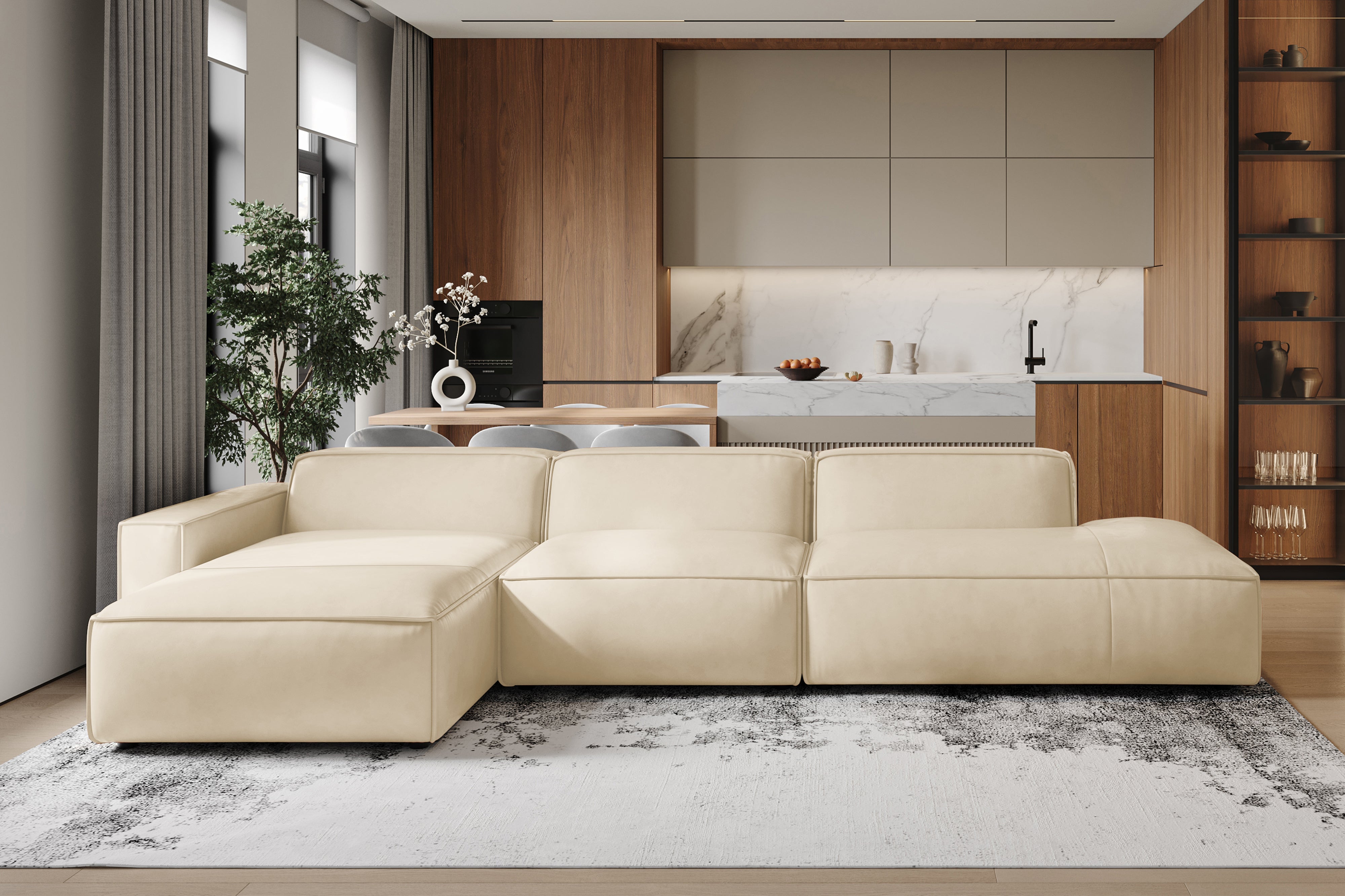 Valencia Nathan Full Aniline Leather Modular Sofa with Down Feather, Trio Left Chaise, White