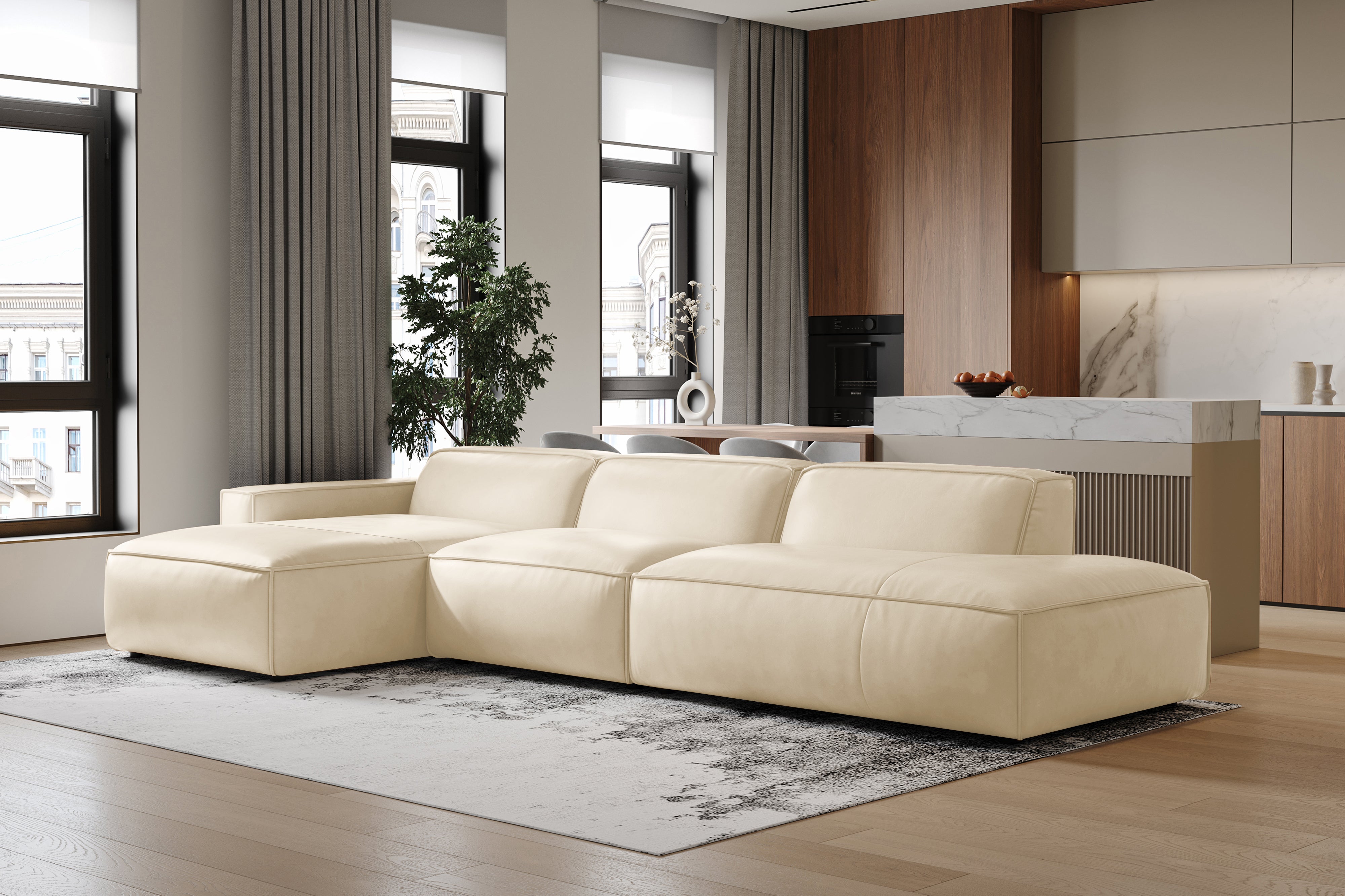 Valencia Nathan Full Aniline Leather Modular Sofa with Down Feather, Trio Left Chaise, White