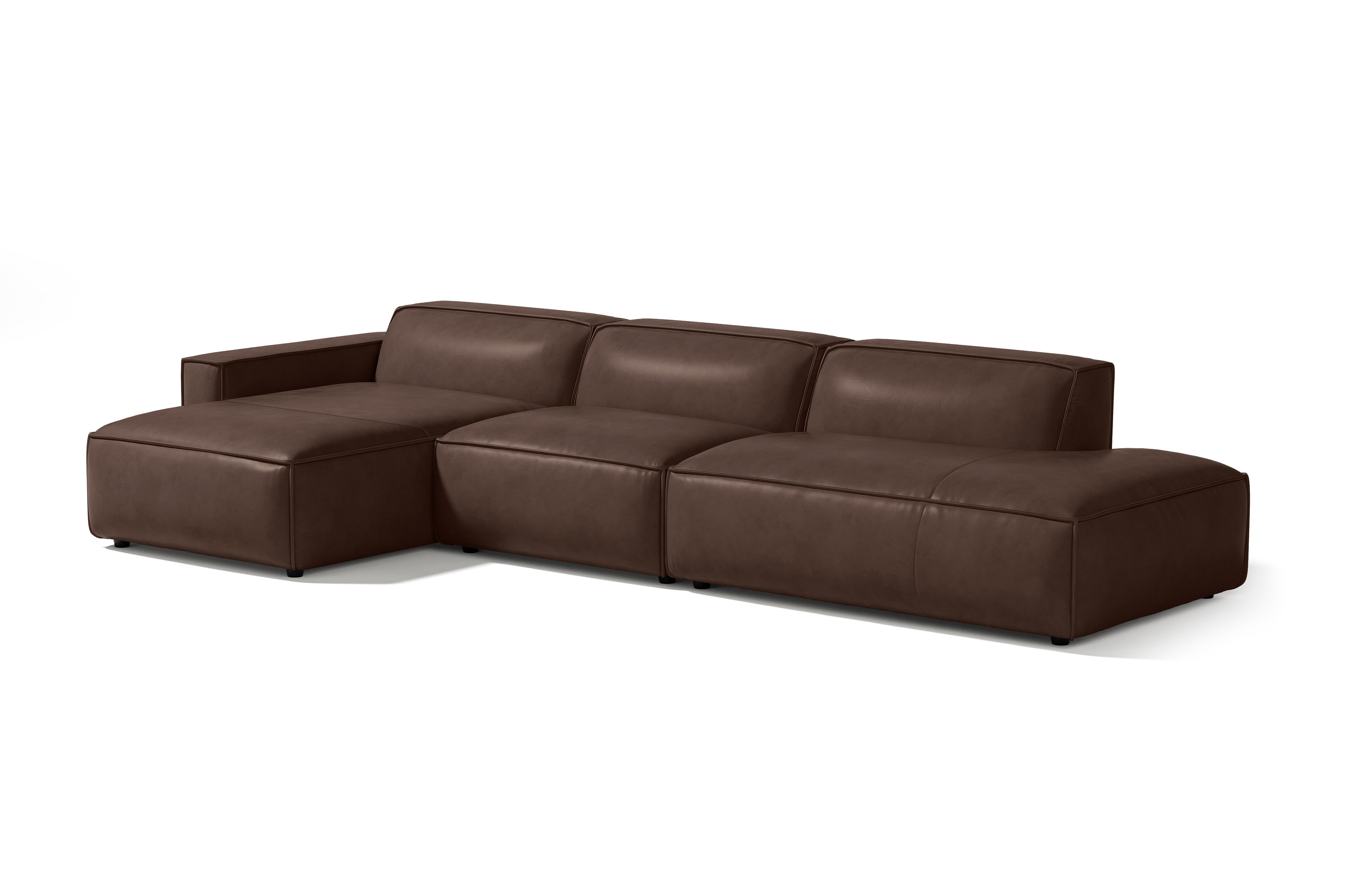 Valencia Nathan Full Aniline Leather Modular Sofa with Down Feather, Trio Left Chaise, Dark Chocolate