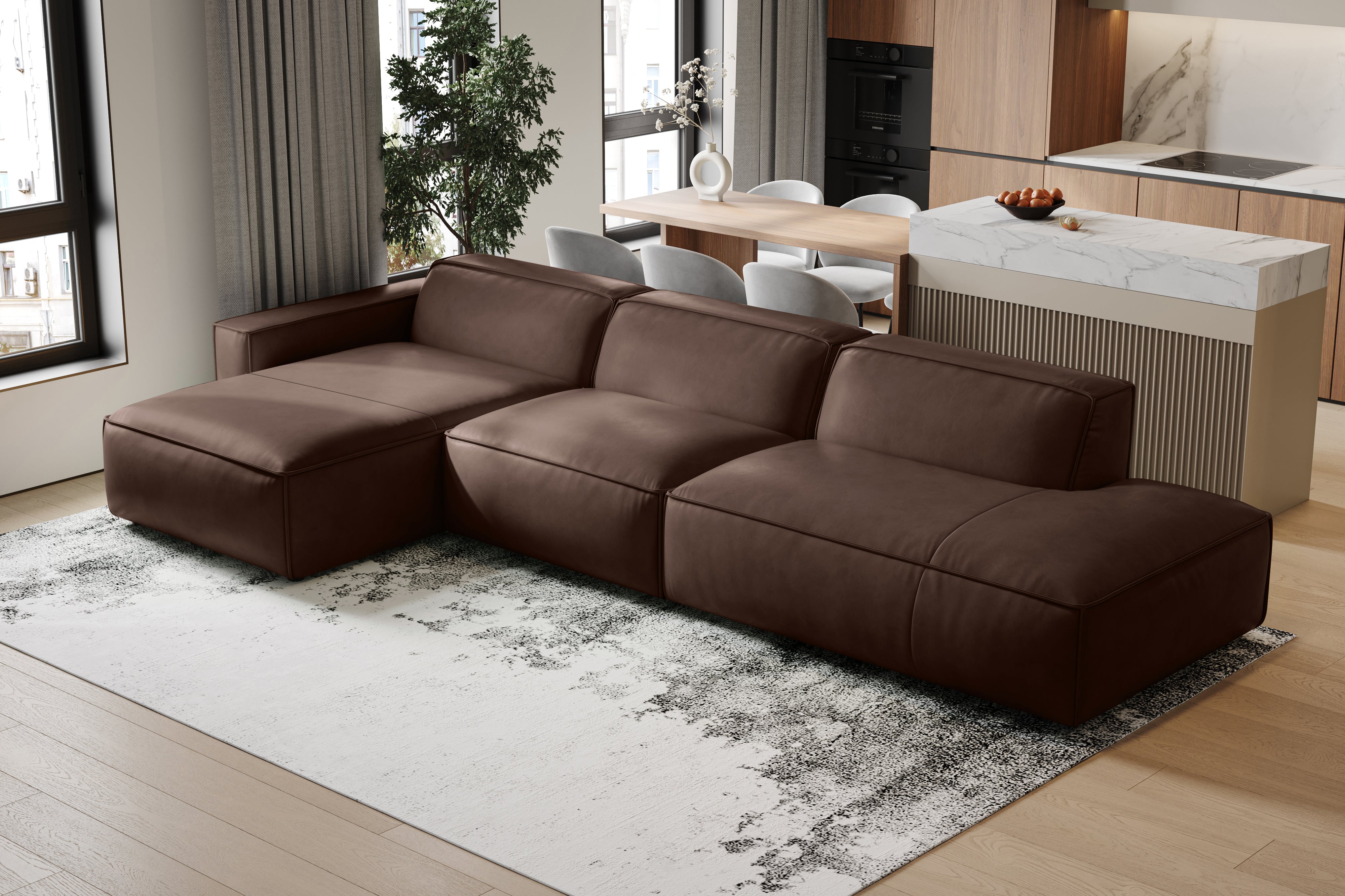 Valencia Nathan Full Aniline Leather Modular Sofa with Down Feather, Trio Left Chaise, Dark Chocolate