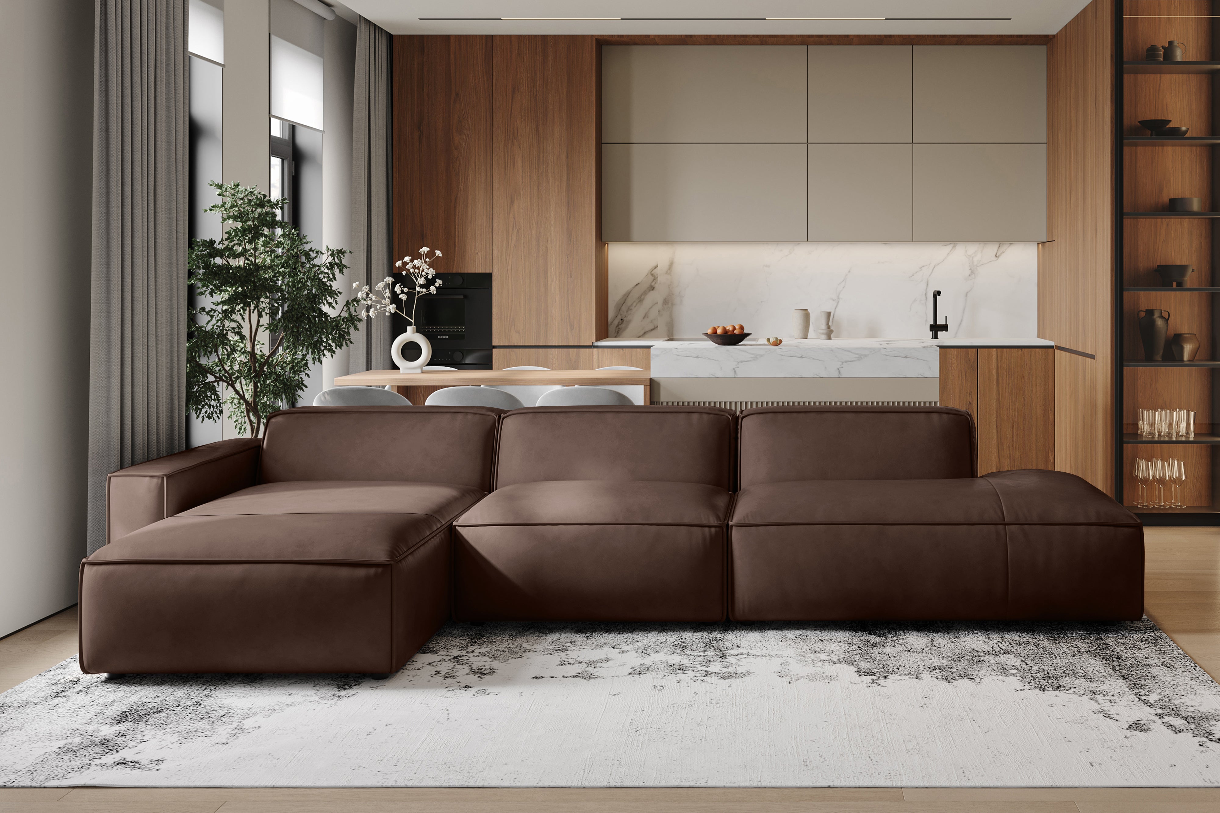 Valencia Nathan Full Aniline Leather Modular Sofa with Down Feather, Trio Left Chaise, Dark Chocolate