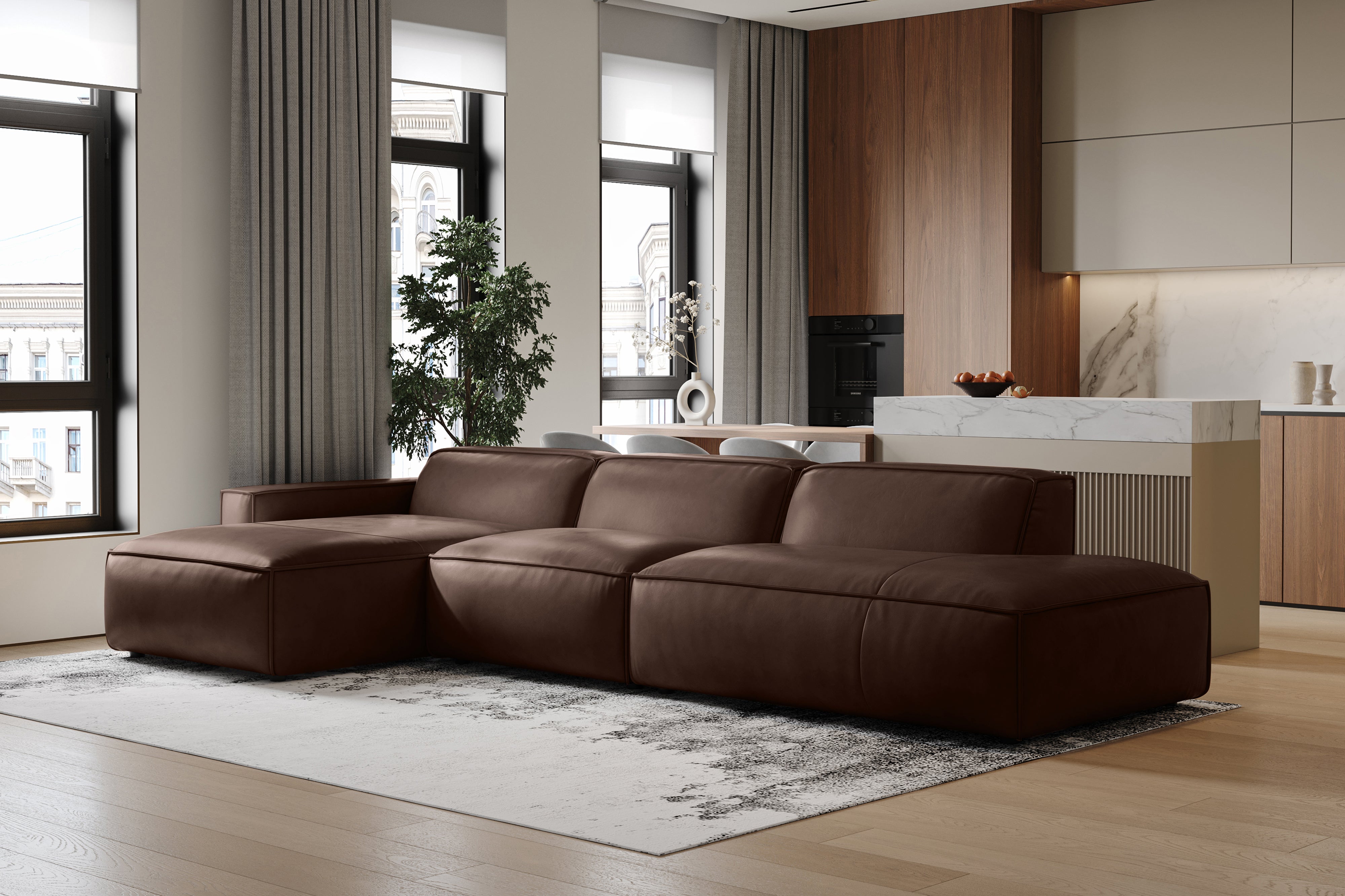 Valencia Nathan Full Aniline Leather Modular Sofa with Down Feather, Trio Left Chaise, Dark Chocolate