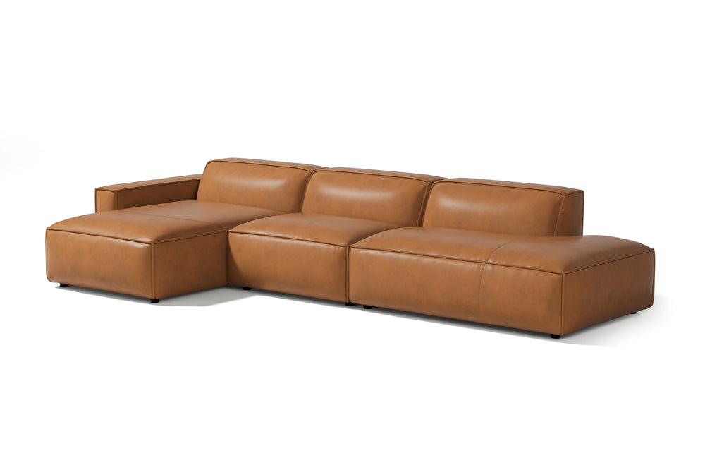 Valencia Nathan Full Aniline Leather Modular Sofa with Down Feather, Trio Left Chaise, Caramel Brown Color