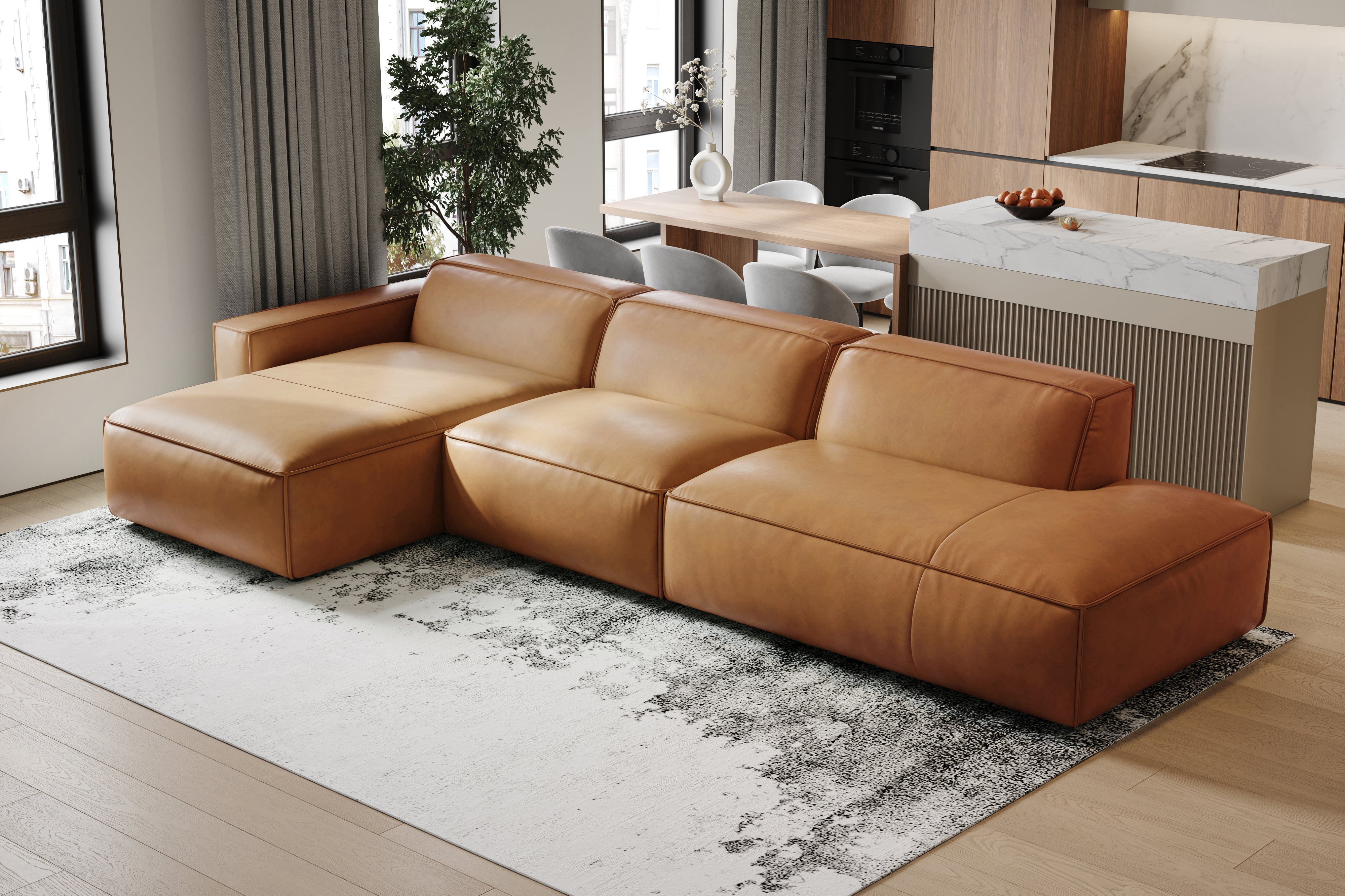 Valencia Nathan Full Aniline Leather Modular Sofa with Down Feather, Trio Left Chaise, Caramel Brown Color