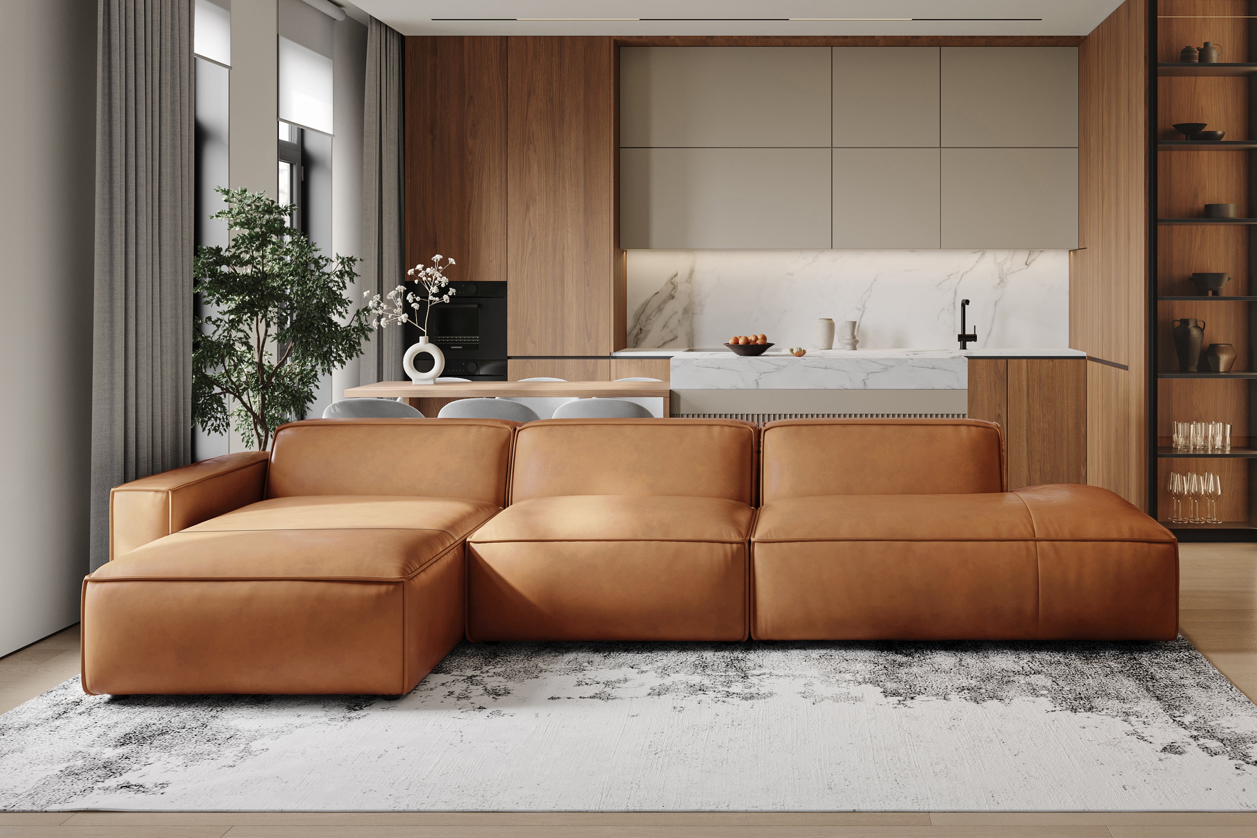 Valencia Nathan Full Aniline Leather Modular Sofa with Down Feather, Trio Left Chaise, Caramel Brown Color