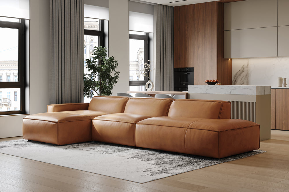 Valencia Nathan Full Aniline Leather Modular Sofa with Down Feather, Trio Left Chaise, Caramel Brown Color