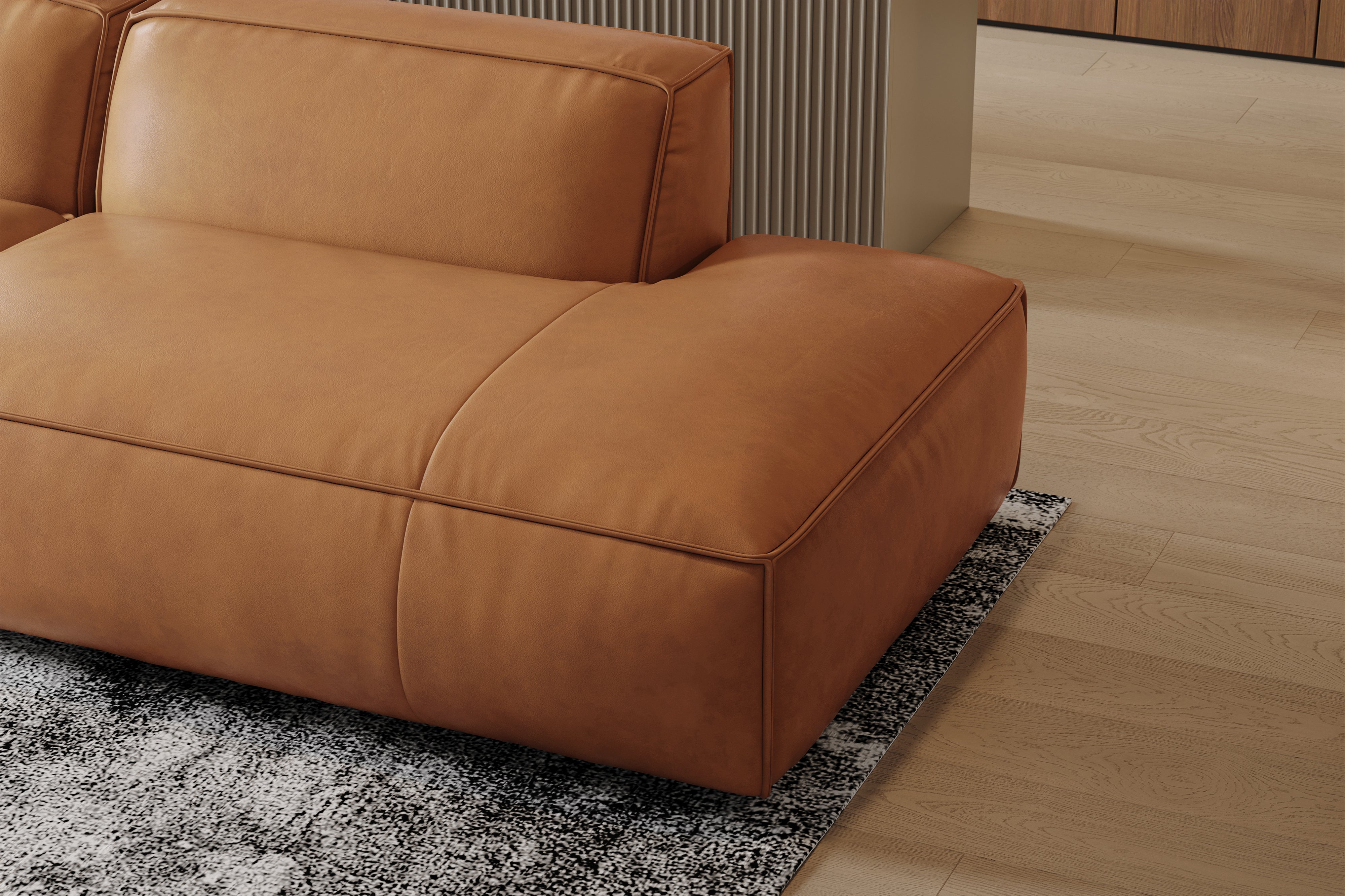 Valencia Nathan Full Aniline Leather Modular Sofa with Down Feather, Trio Left Chaise, Caramel Brown Color