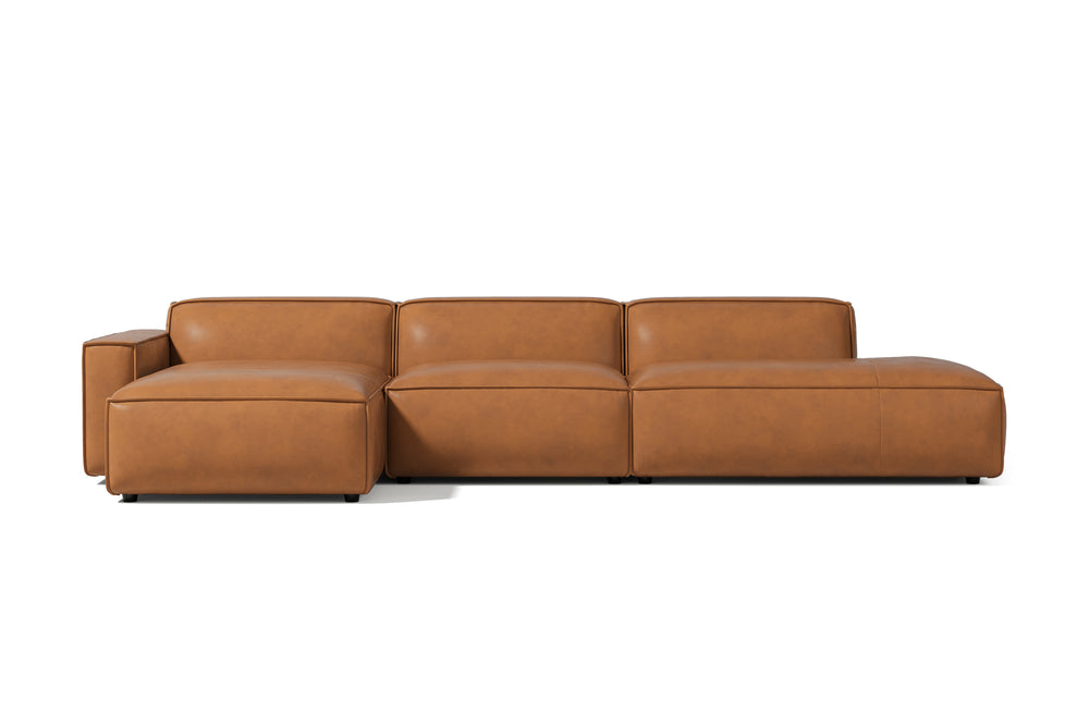 Valencia Nathan Full Aniline Leather Modular Sofa with Down Feather, Trio Left Chaise, Caramel Brown Color