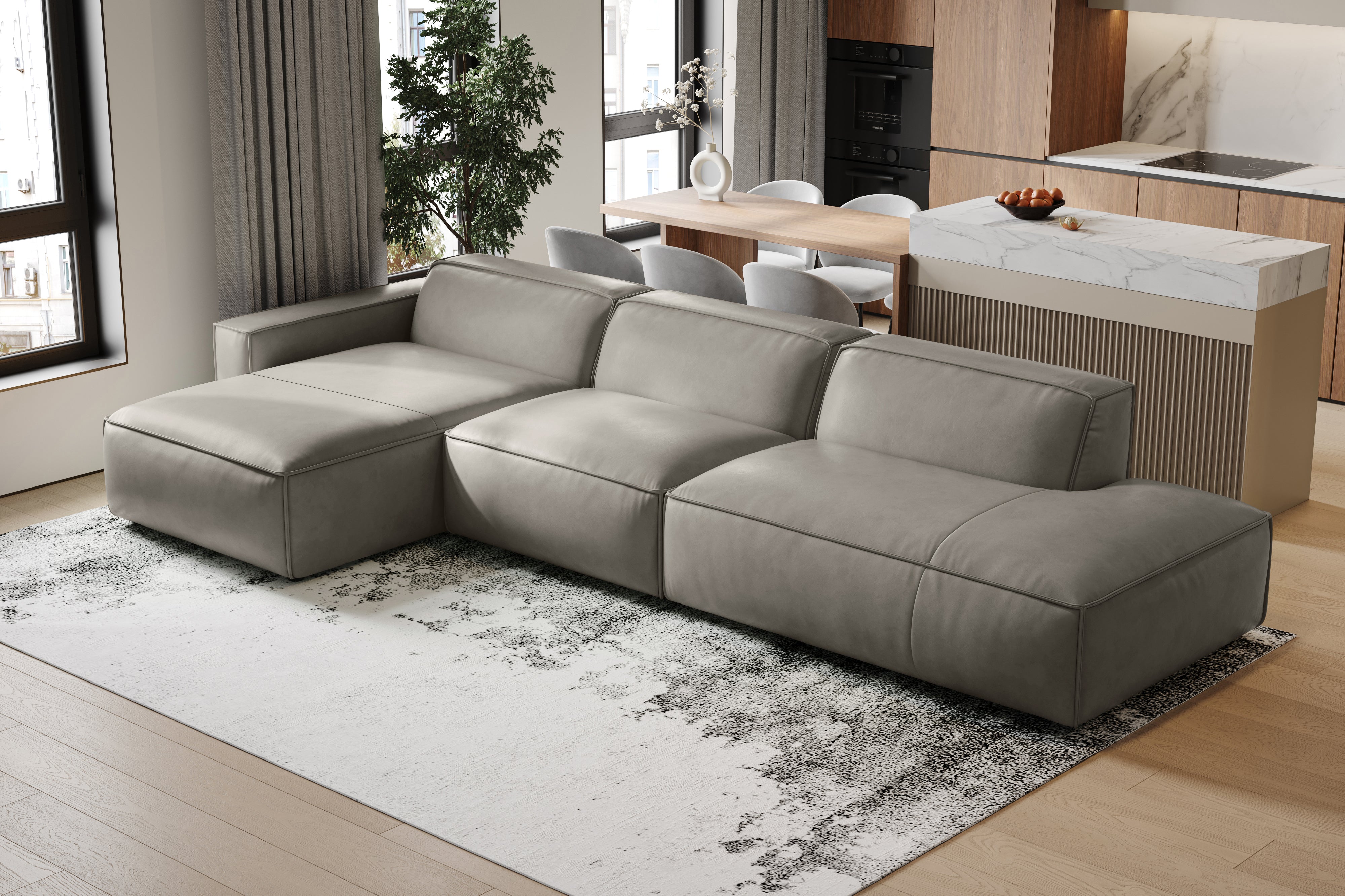 Valencia Nathan Full Aniline Leather Modular Sofa with Down Feather, Trio Left Chaise, Grey