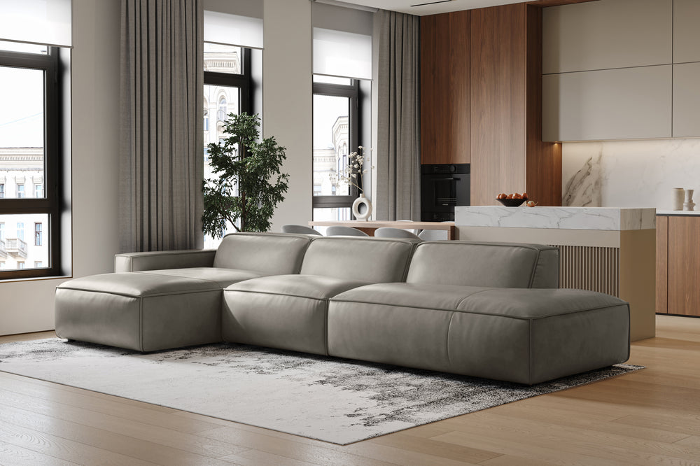 Valencia Nathan Full Aniline Leather Modular Sofa with Down Feather, Trio Left Chaise, Grey