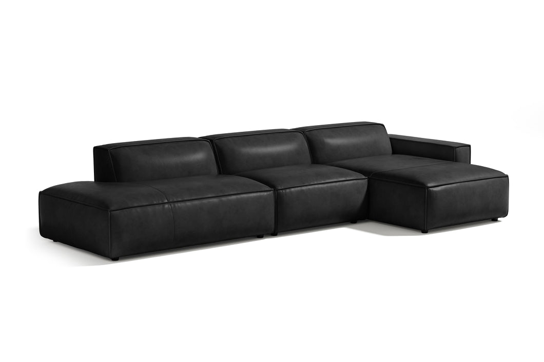 Valencia Nathan Full Aniline Leather Modular Sofa with Down Feather, Trio Right Chaise, Black