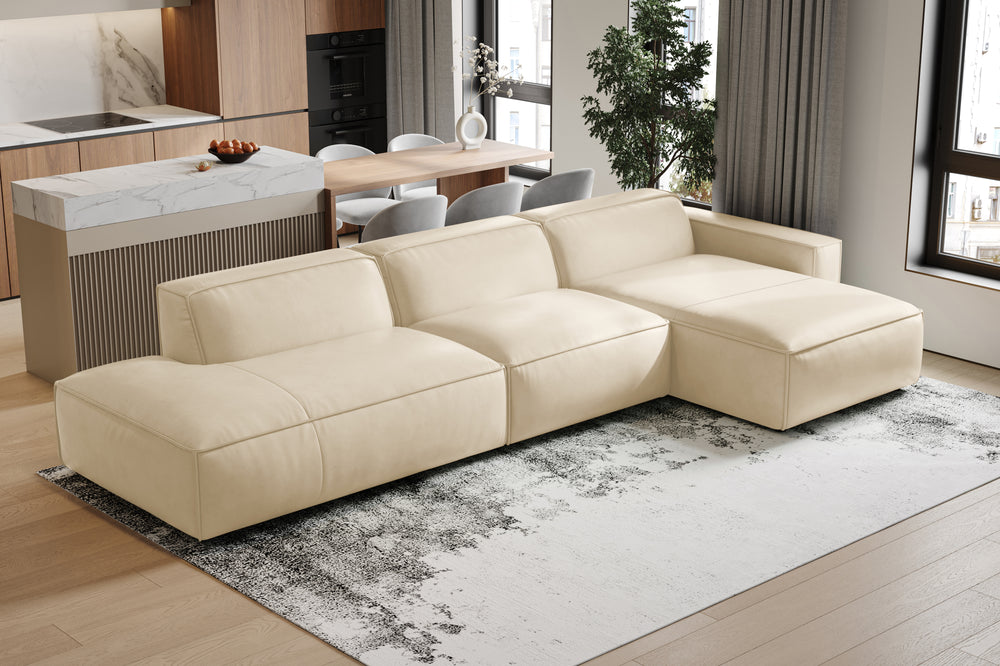 Valencia Nathan Full Aniline Leather Modular Sofa with Down Feather, Trio Right Chaise, White