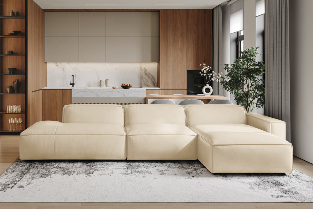 Valencia Nathan Full Aniline Leather Modular Sofa with Down Feather, Trio Right Chaise, White