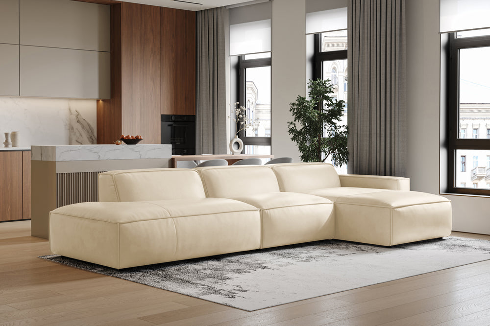 Valencia Nathan Full Aniline Leather Modular Sofa with Down Feather, Trio Right Chaise, White