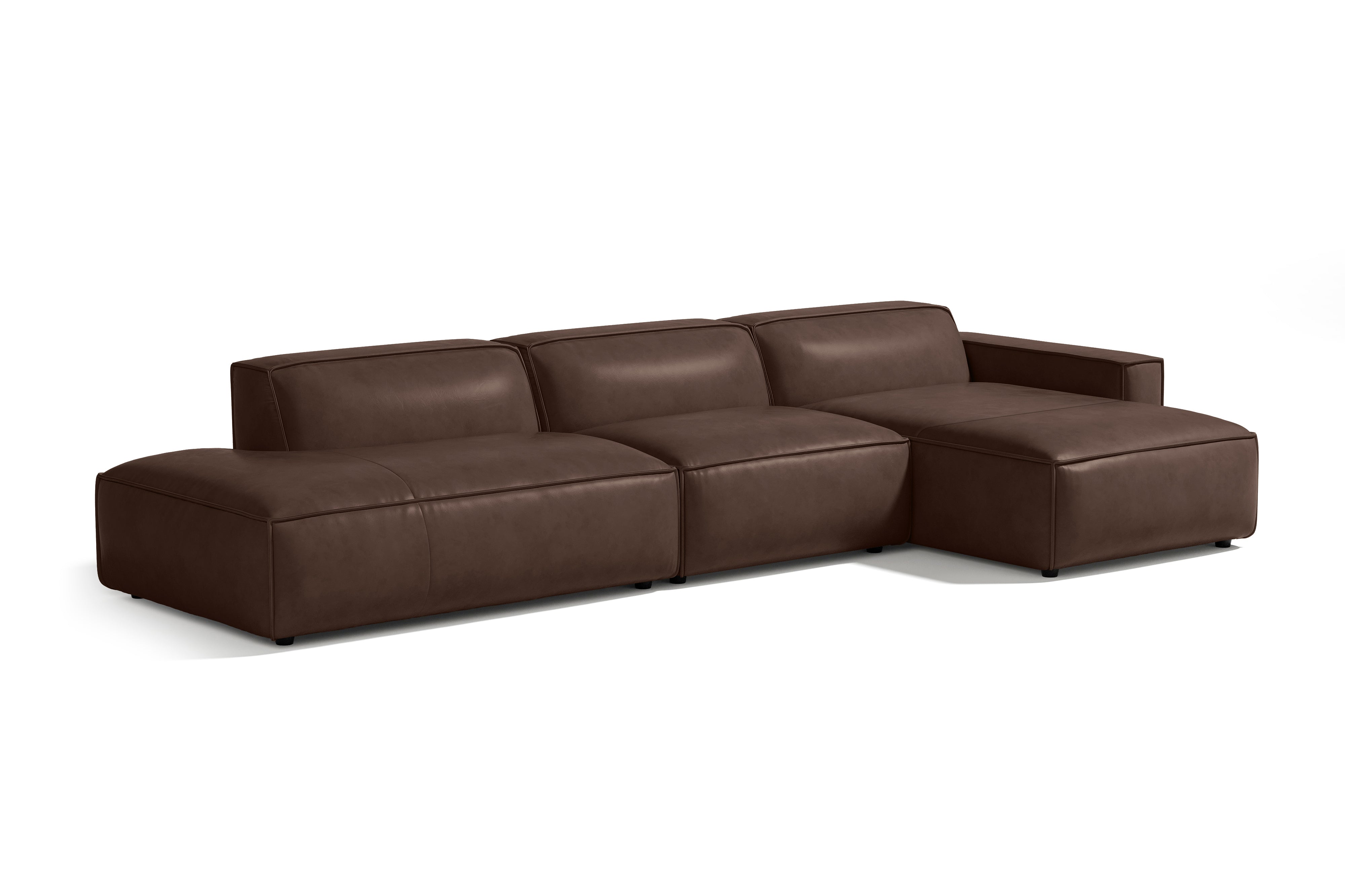 Valencia Nathan Full Aniline Leather Modular Sofa with Down Feather, Trio Right Chaise, Dark Chocolate