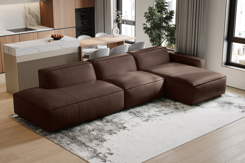 Valencia Nathan Full Aniline Leather Modular Sofa with Down Feather, Trio Right Chaise, Dark Chocolate