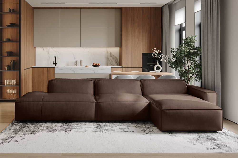 Valencia Nathan Full Aniline Leather Modular Sofa with Down Feather, Trio Right Chaise, Dark Chocolate