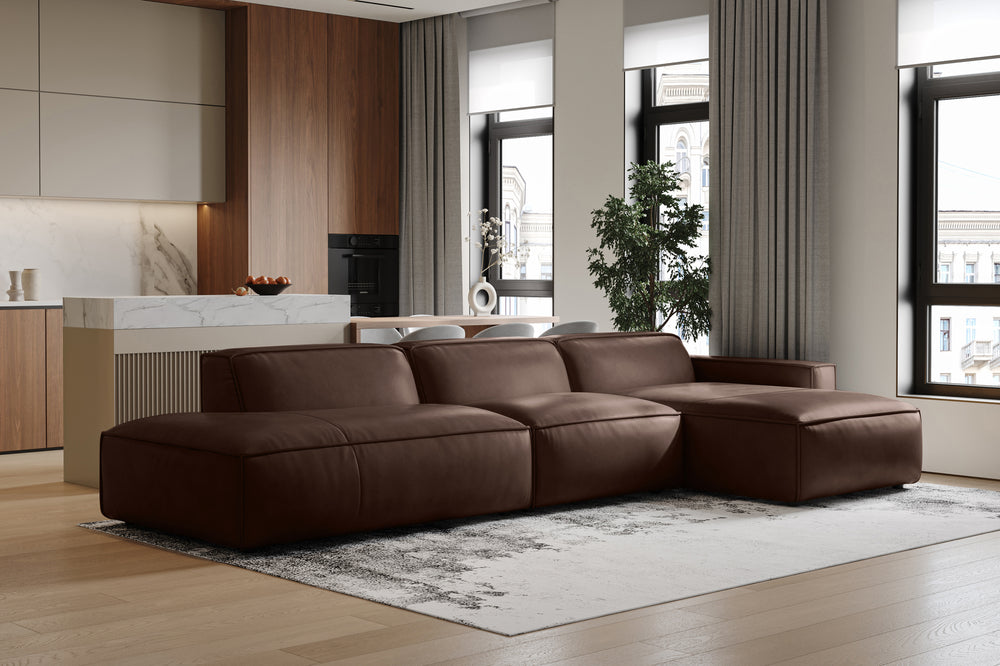 Valencia Nathan Full Aniline Leather Modular Sofa with Down Feather, Trio Right Chaise, Dark Chocolate