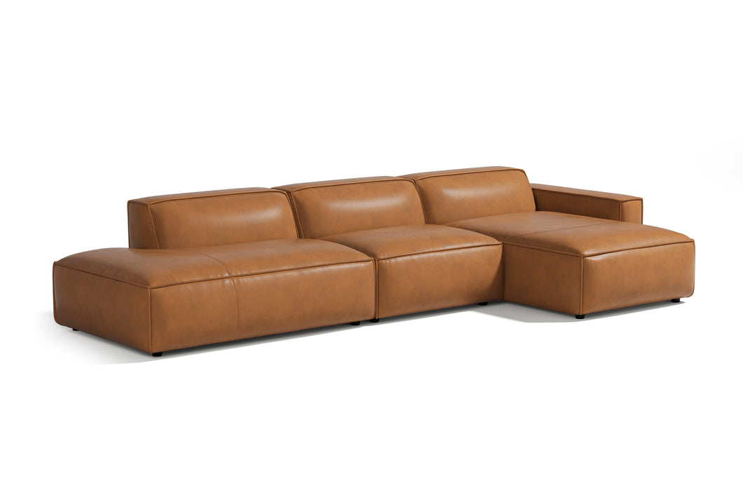 Valencia Nathan Full Aniline Leather Modular Sofa with Down Feather, Trio Right Chaise, Caramel Brown