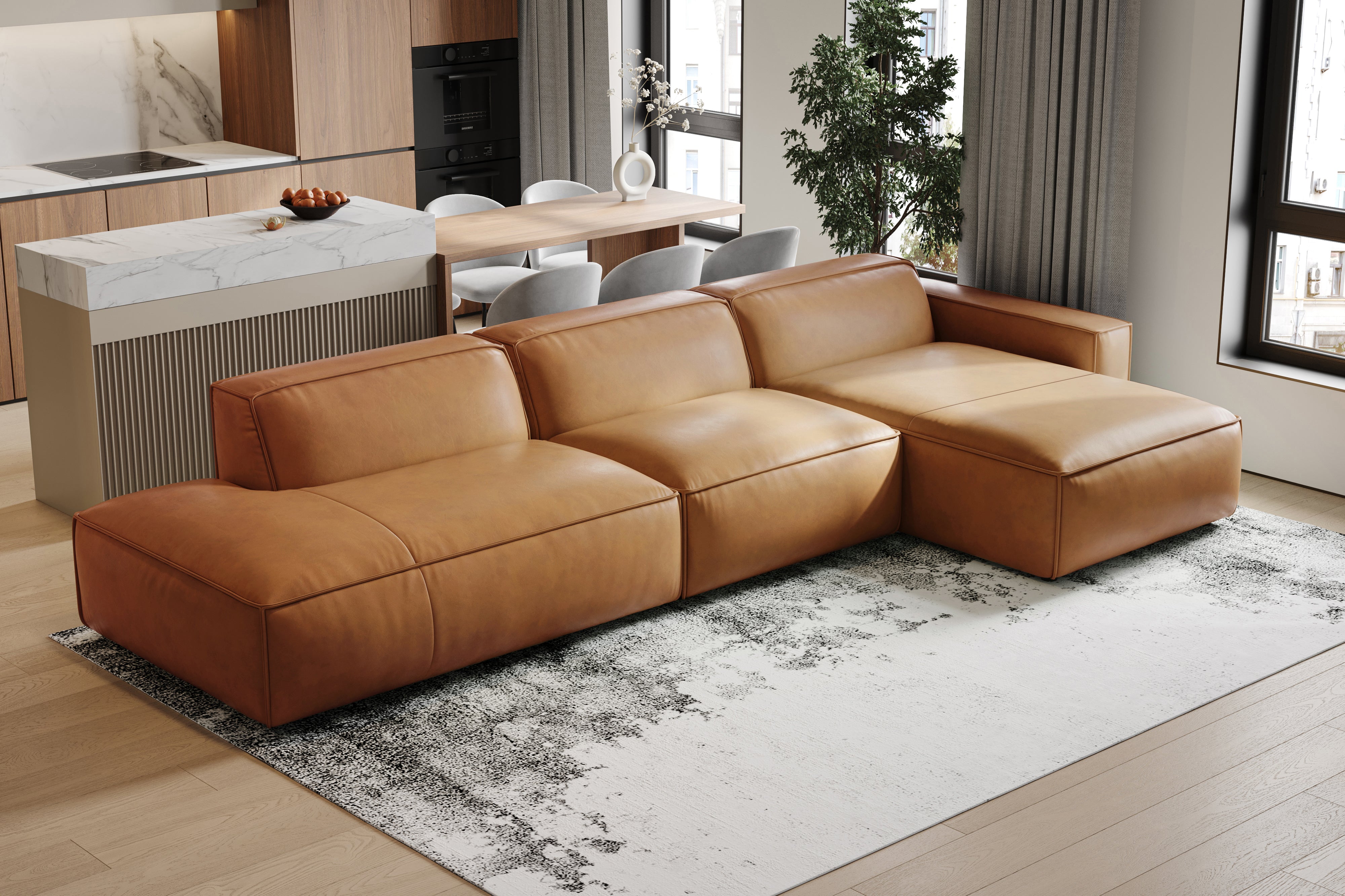 Valencia Nathan Full Aniline Leather Modular Sofa with Down Feather, Trio Right Chaise, Caramel Brown