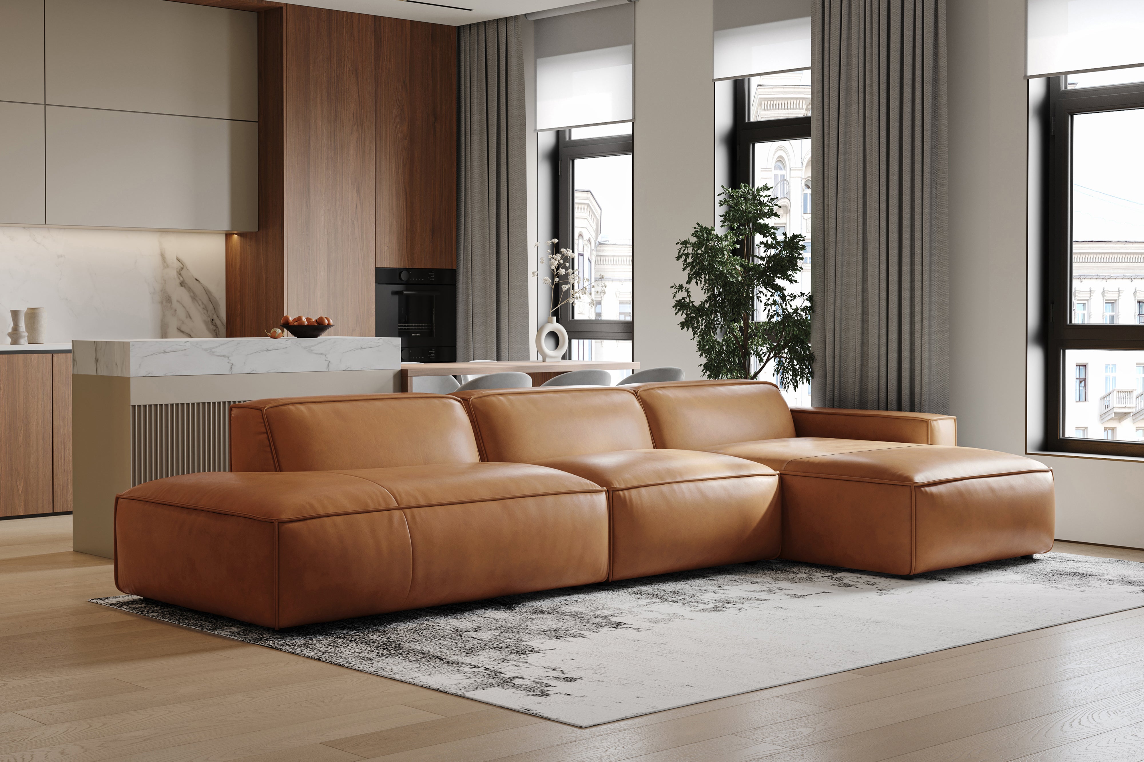 Valencia Nathan Full Aniline Leather Modular Sofa with Down Feather, Trio Right Chaise, Caramel Brown