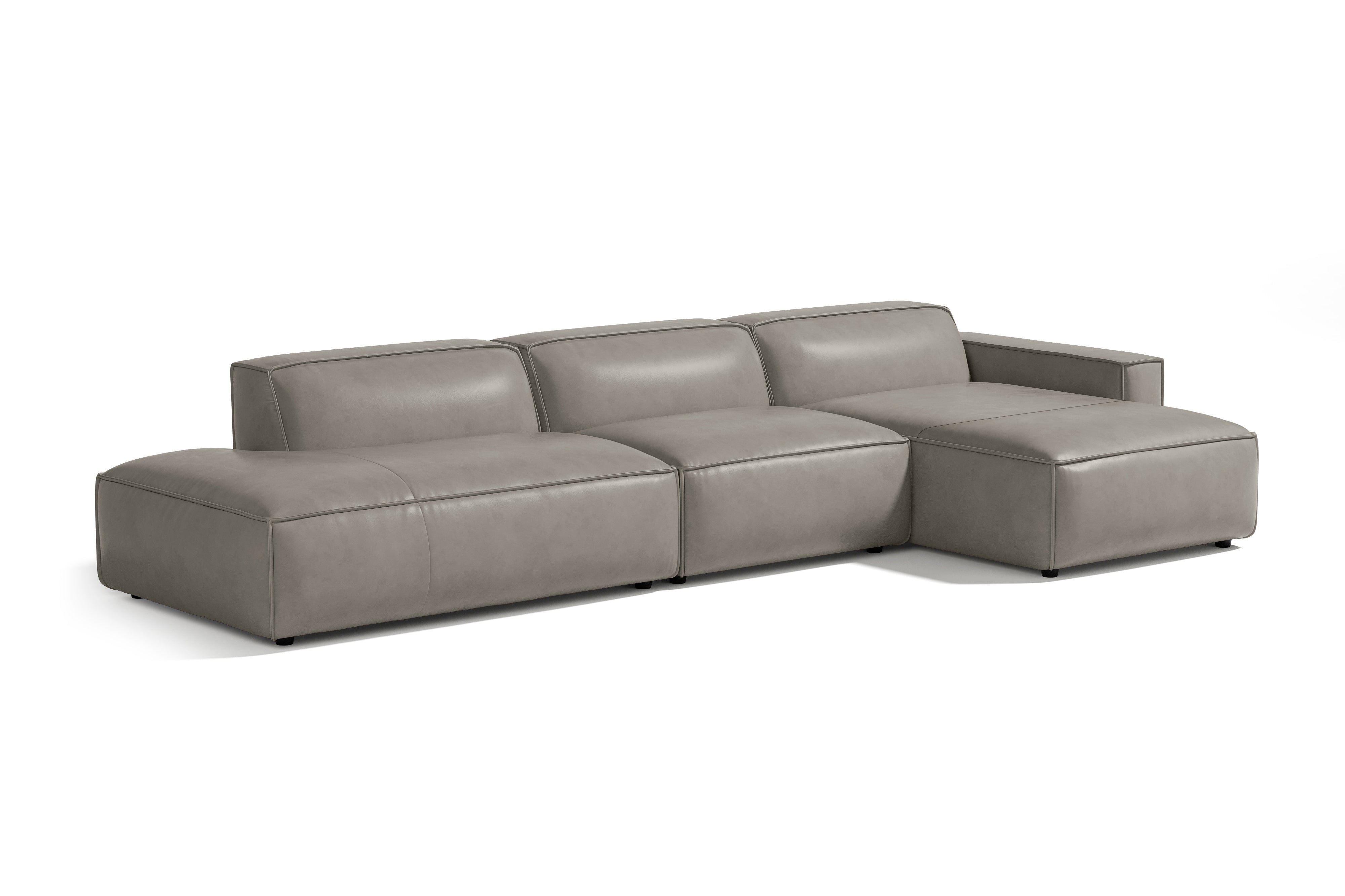 Valencia Nathan Full Aniline Leather Modular Sofa with Down Feather, Trio Right Chaise, Grey