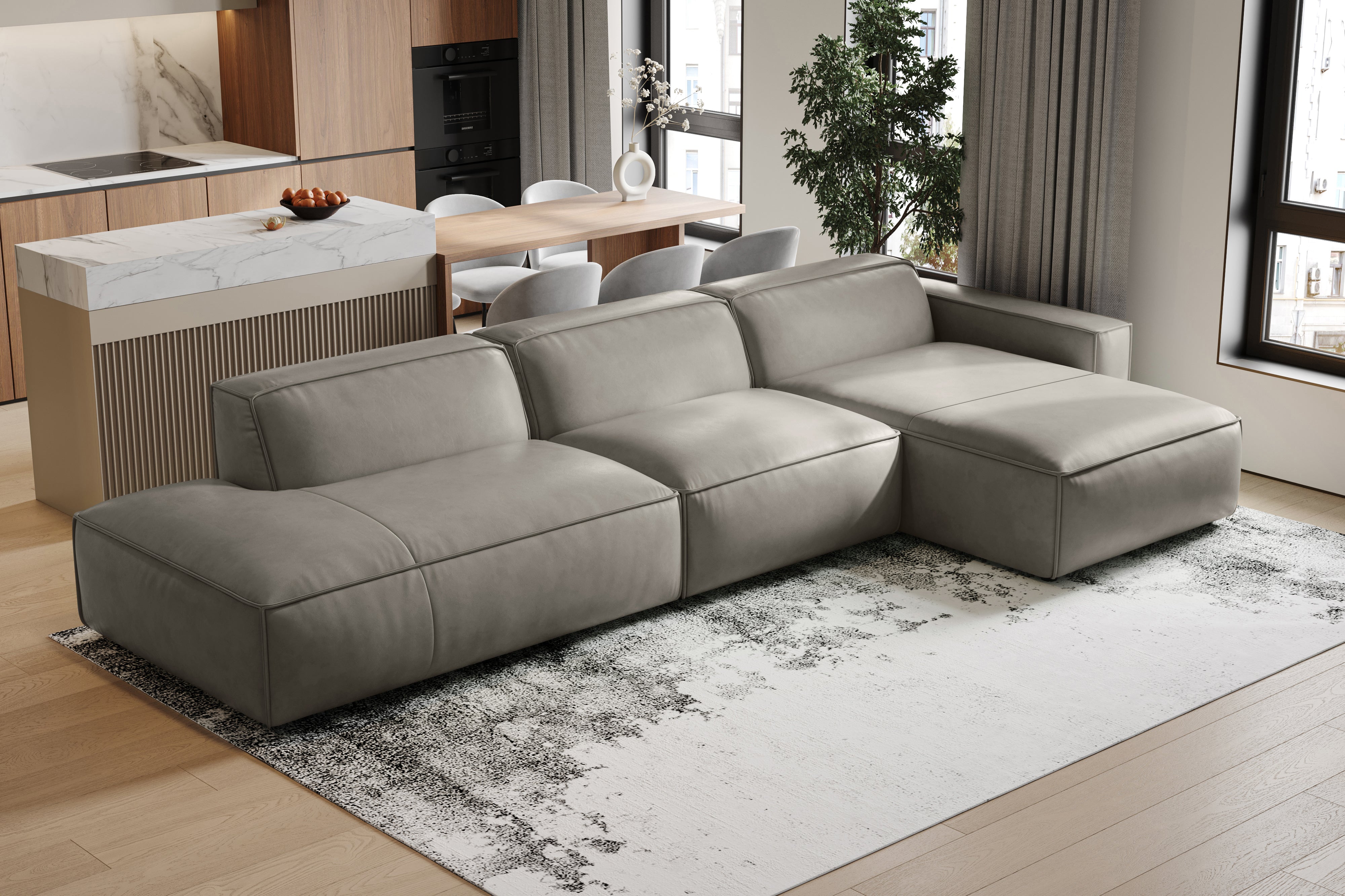 Valencia Nathan Full Aniline Leather Modular Sofa with Down Feather, Trio Right Chaise, Grey