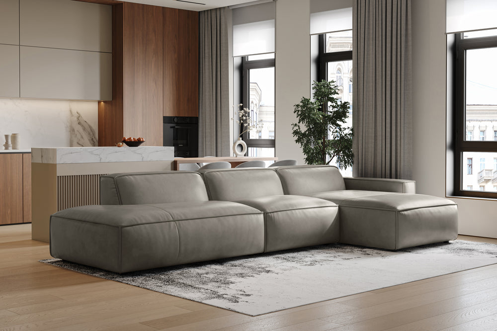 Valencia Nathan Full Aniline Leather Modular Sofa with Down Feather, Trio Right Chaise, Grey