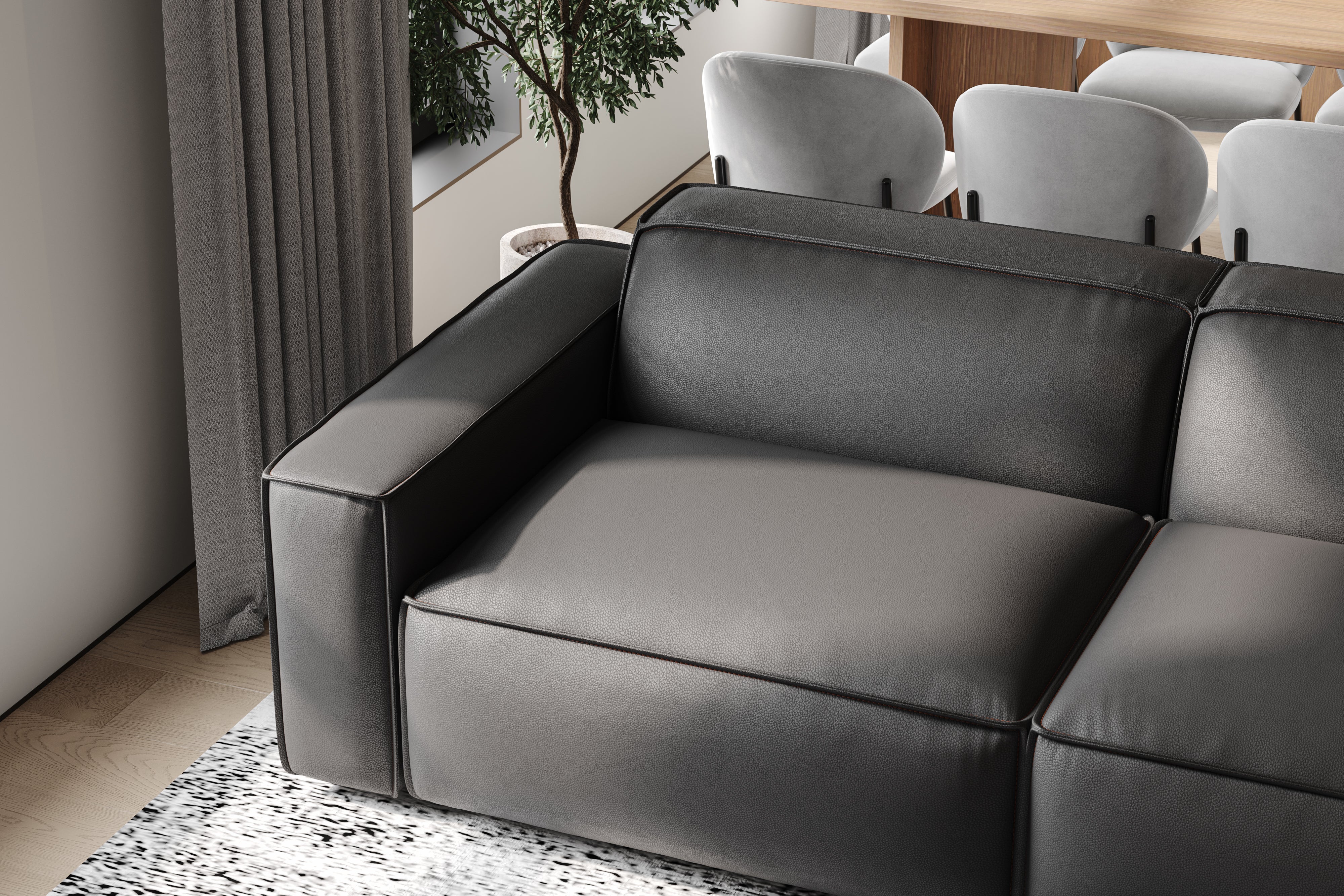 Valencia Nathan Full Aniline Leather Modular Sofa with Down Feather, Three Seats, Black Color