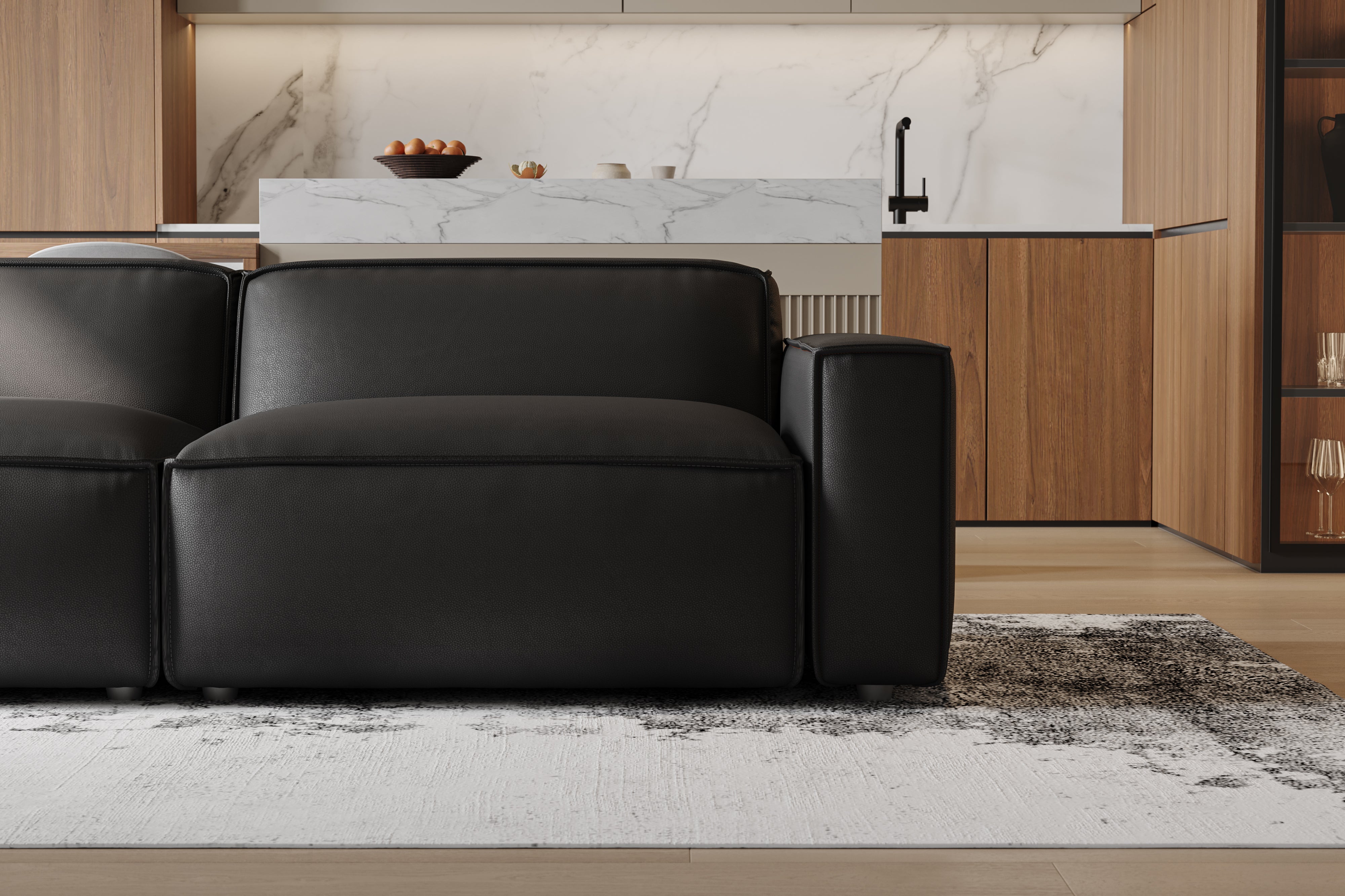 Valencia Nathan Full Aniline Leather Modular Sofa with Down Feather, Three Seats, Black Color