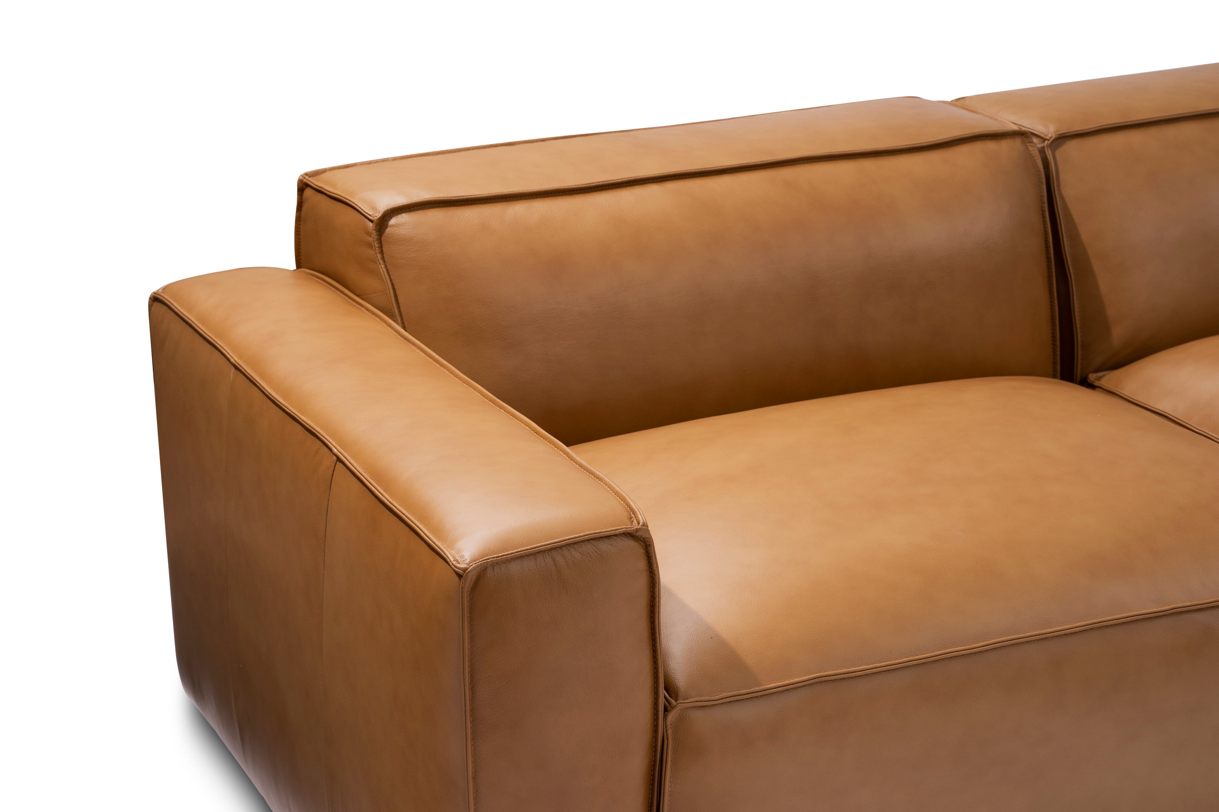 Valencia Nathan Full Aniline Leather Modular Sofa with Down Feather, Three Seats, Caramel Brown Color