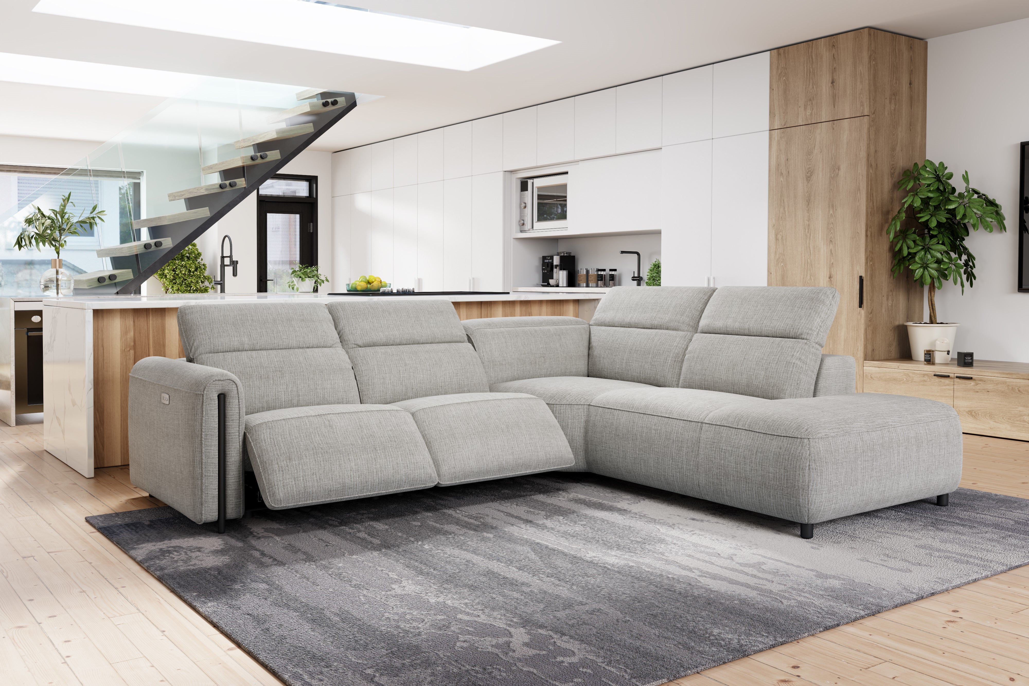 Valencia Octavia Fabric Reclining Sectional Cloud Sofa, L-Shape with Right Chaise, Light Grey