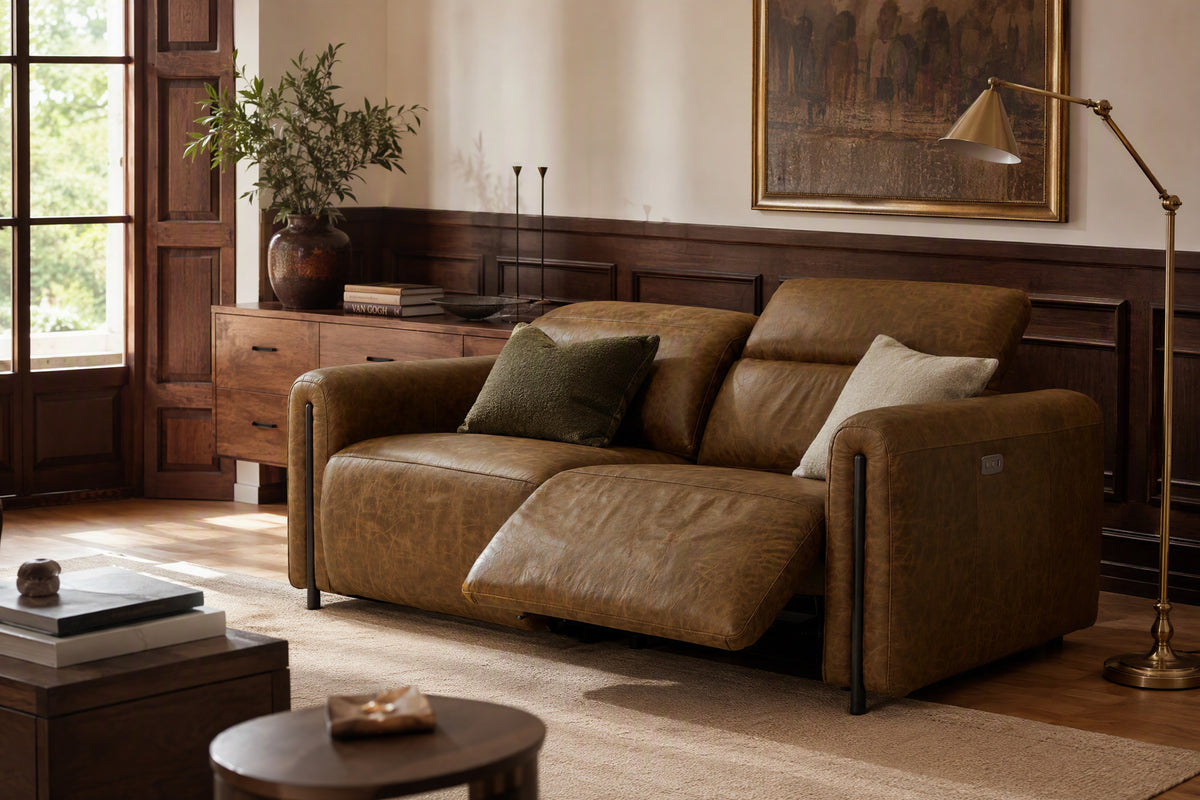 Octavia dual Reclining Sofa in distressed Italian aniline leather