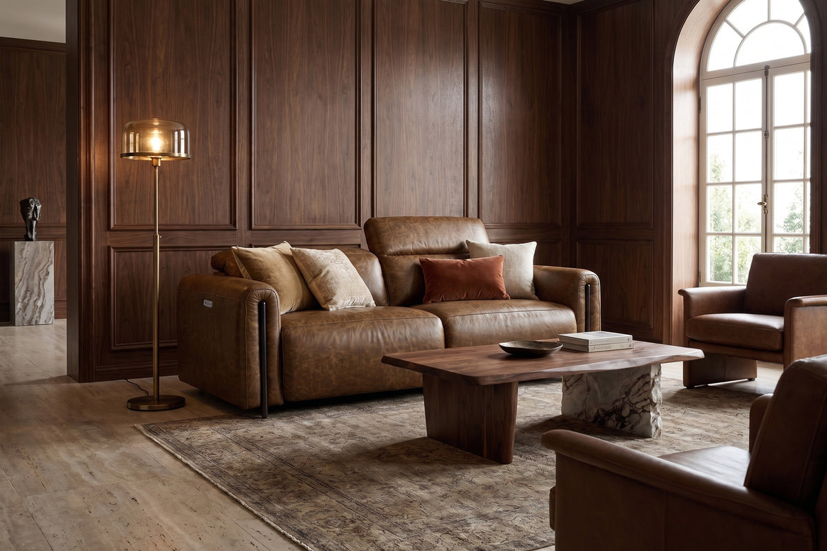 Octavia dual Reclining Sofa in distressed Italian aniline leather