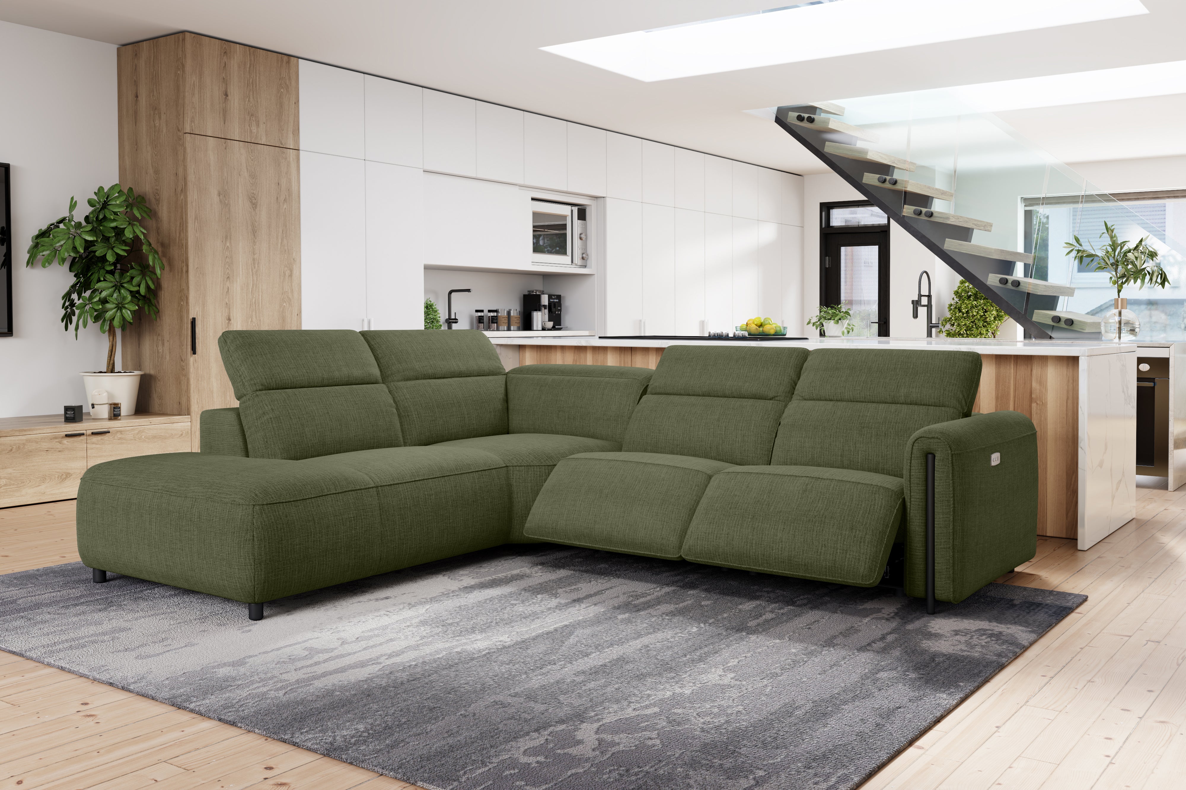 Valencia Octavia Fabric Reclining Sectional Cloud Sofa, L-Shape with Left Chaise, Olive Green