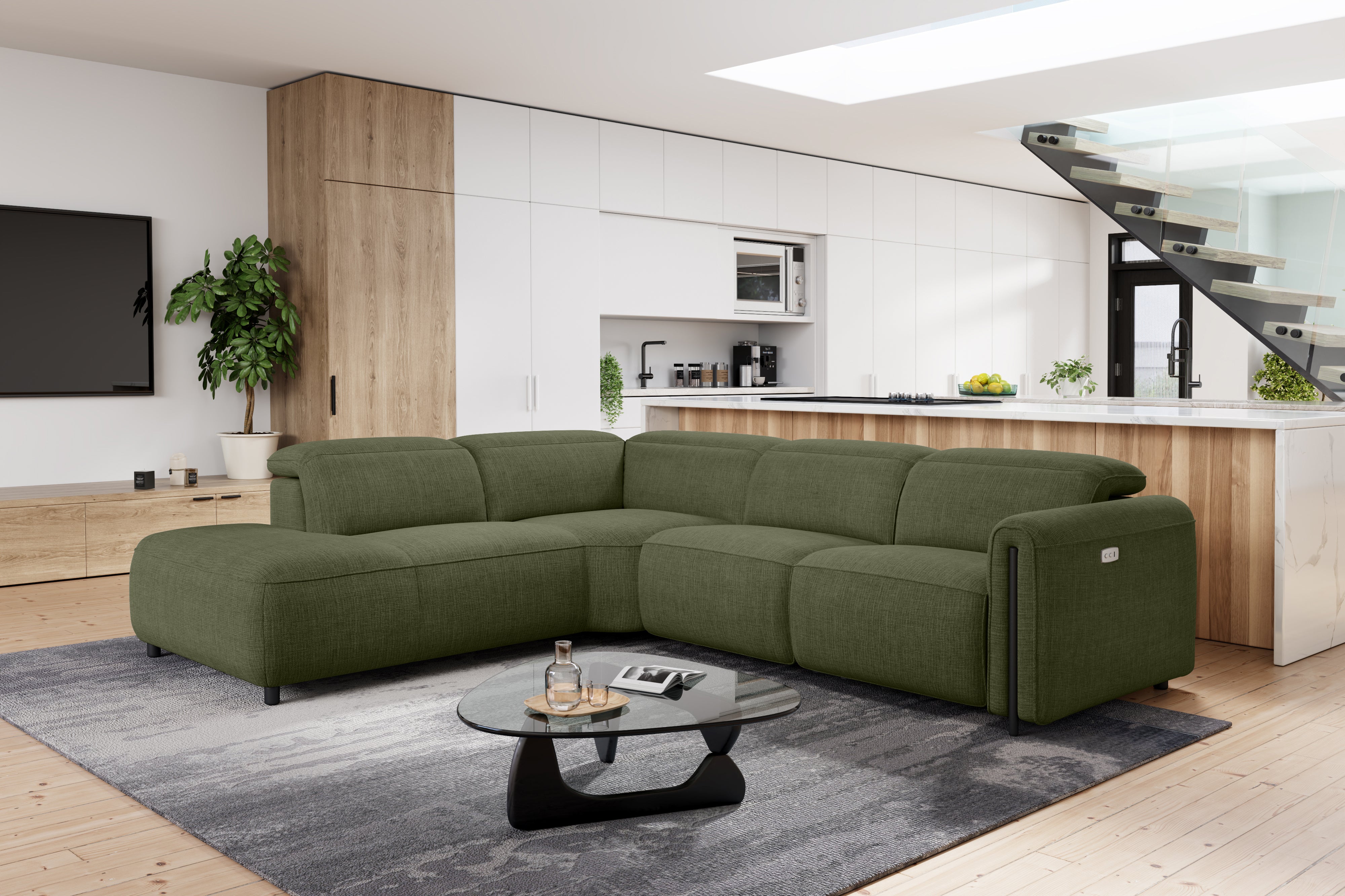 Valencia Octavia Fabric Reclining Sectional Cloud Sofa, L-Shape with Left Chaise, Olive Green