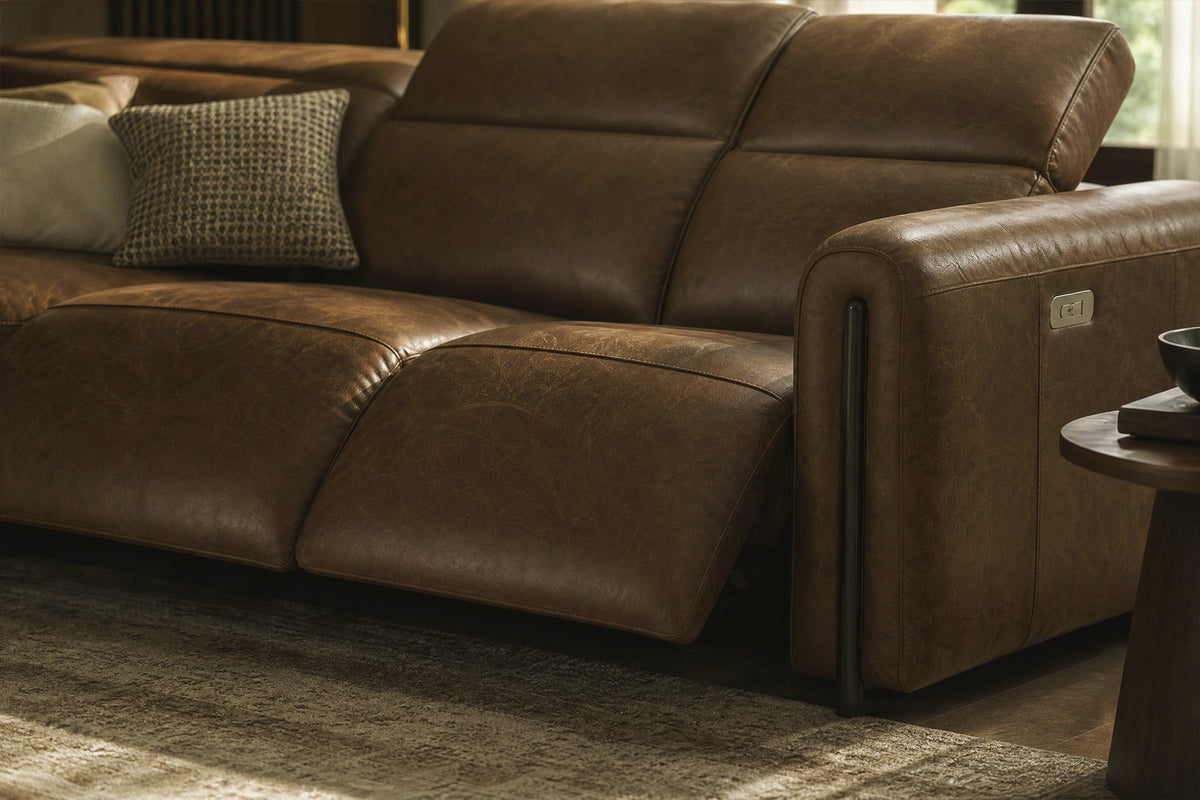Octavia reclining Corner Sectional in distressed Italian aniline leather
