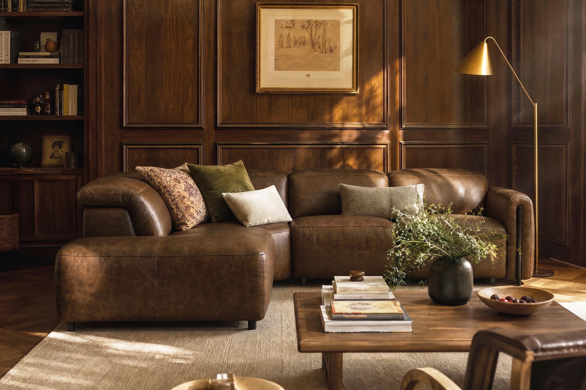Octavia reclining Corner Sectional in distressed Italian aniline leather