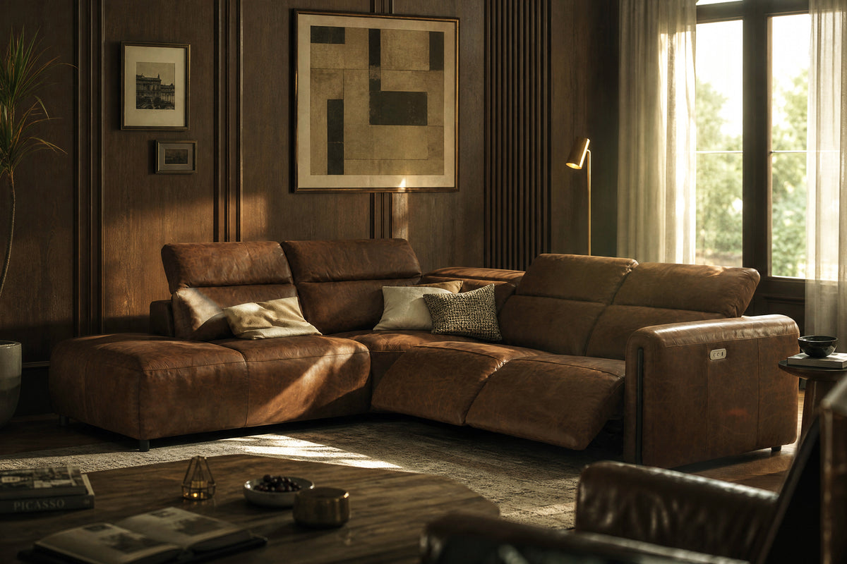 Octavia reclining Corner Sectional in distressed Italian aniline leather