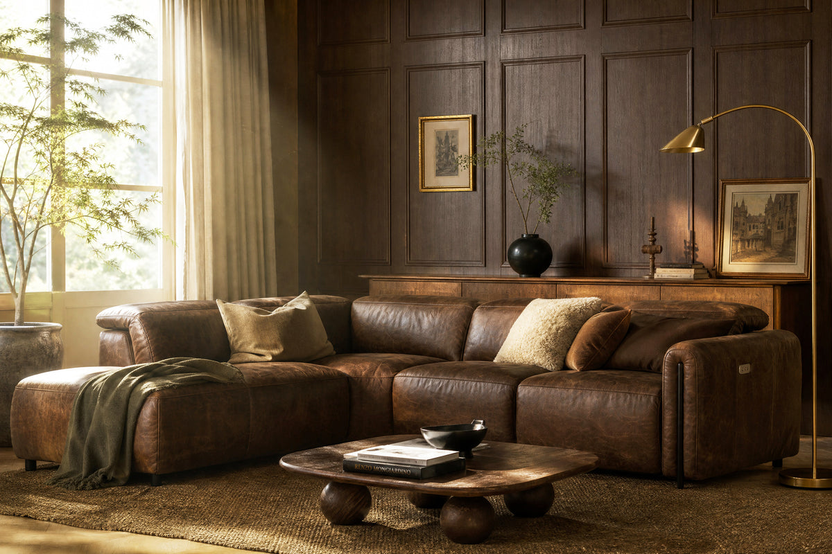 Octavia reclining Corner Sectional in distressed Italian aniline leather
